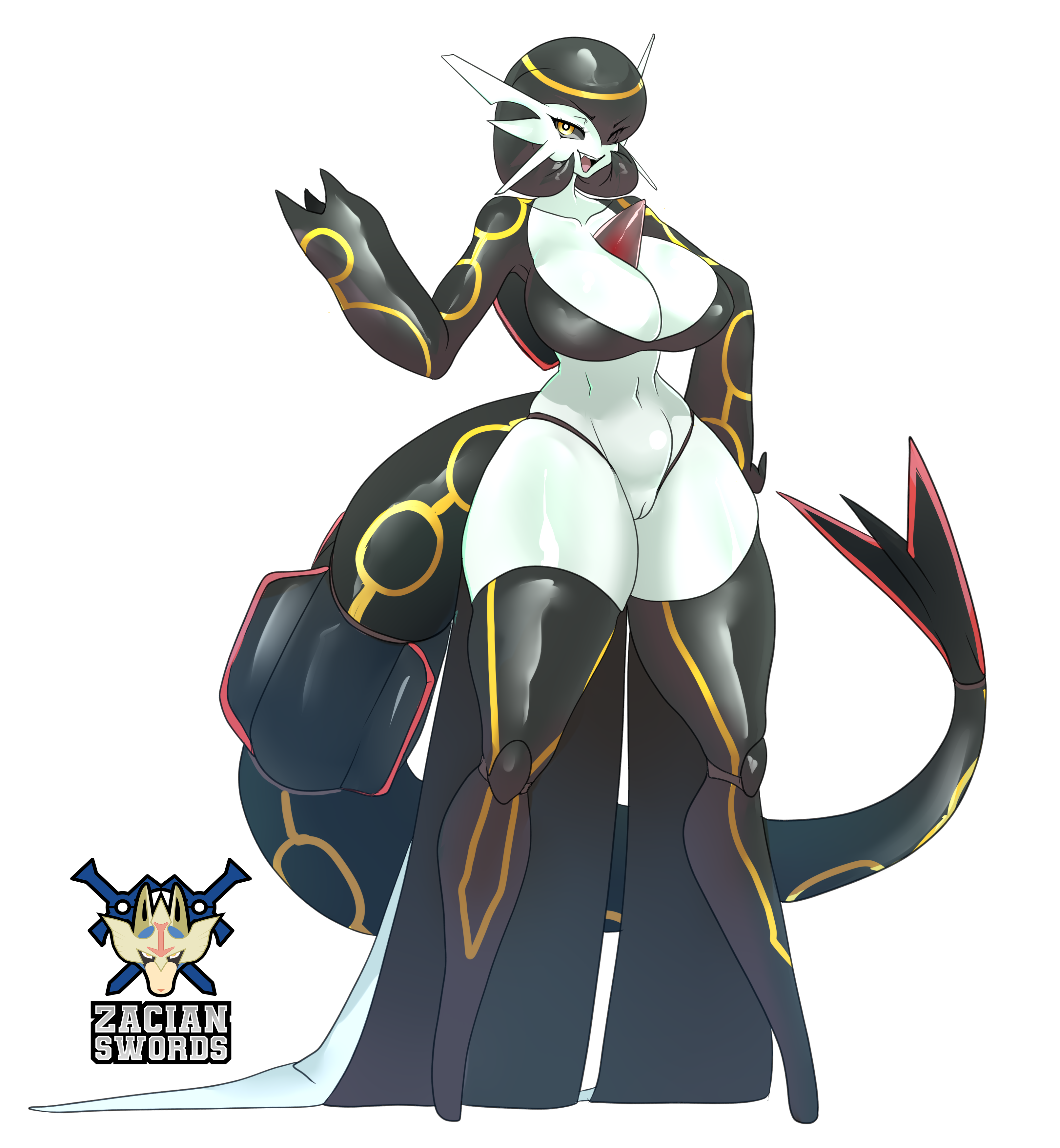 absurd res, alternate version at source, anthro, breasts, cierna (psyke), clothing, exposed pussy, female, functionally nude, functionally nude female, gardevoir, generation 3 pokemon, glistening, glistening body, glistening clothing, hi res, huge breasts, hybrid, legwear, markings, mostly nude, nintendo, pokemon, pokemon (species), pussy, rayquaza, skindentation, stockings, tail, thigh highs, tight clothing, zacianswords