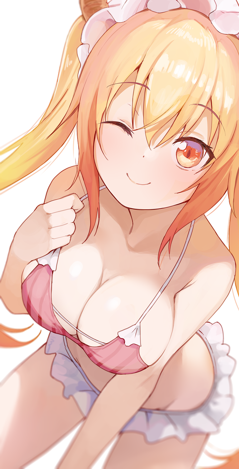 1girls bikini blonde_hair breasts cleavage female hiroki_(yyqw7151) looking_at_viewer maid_headdress miss_kobayashi's_dragon_maid red_eyes smile solo swimsuit tagme tohru_(dragon_maid) twintails