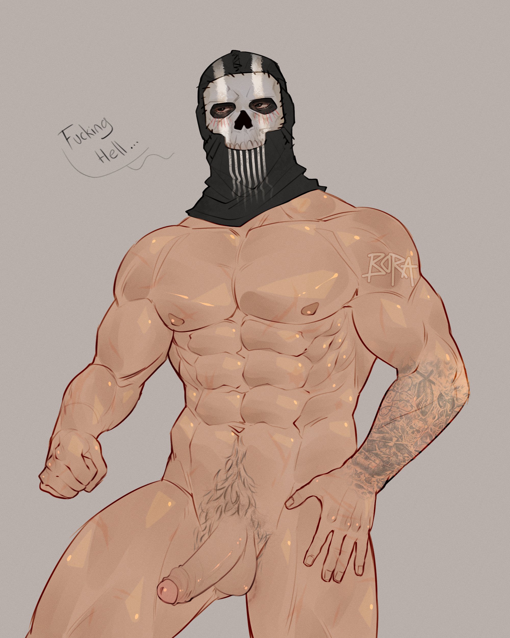 1boy, abs, bara, baramonsters18, blush, boramriel, call of duty, call of duty modern warfare 2 (2022), dialogue, digital media (artwork), embarrassed, fist, ghost (modern warfare 2), hairy, hairy male, male, male focus, male only, male pubic hair, mask, masked, muscles, muscular, muscular male, penis, penis out, pose, pubes, pubic hair, shiny, shiny skin, simon riley, tattoo, tattoo on arm, tattooed arm, tattoos, yaoi