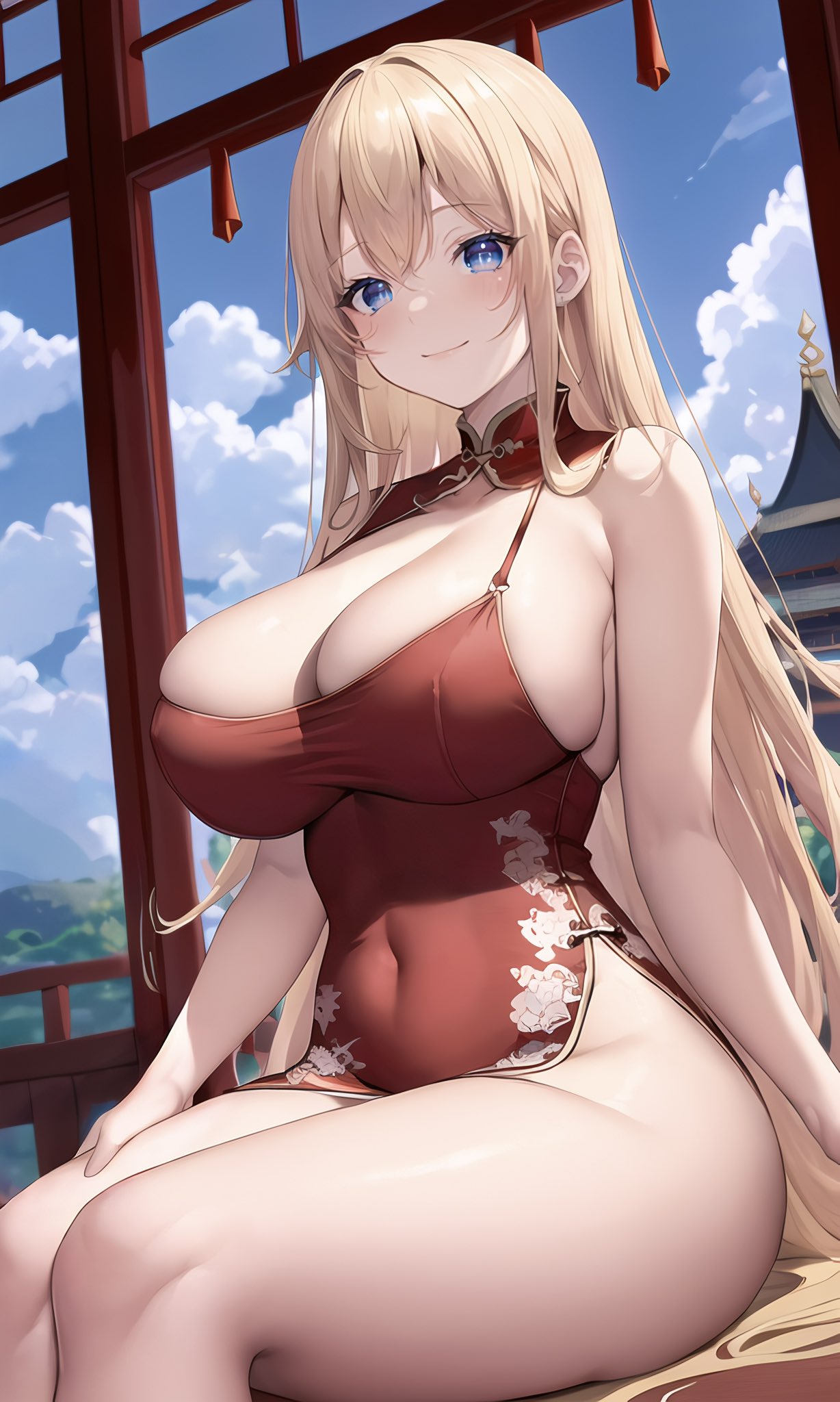 1girls, ai generated, blonde hair, blue eyes, blush, breasts, china dress, female, huge breasts, light skin, light-skinned female, long hair, looking at viewer, original, original character, stable diffusion, stuffyai, thick thighs, wide hips