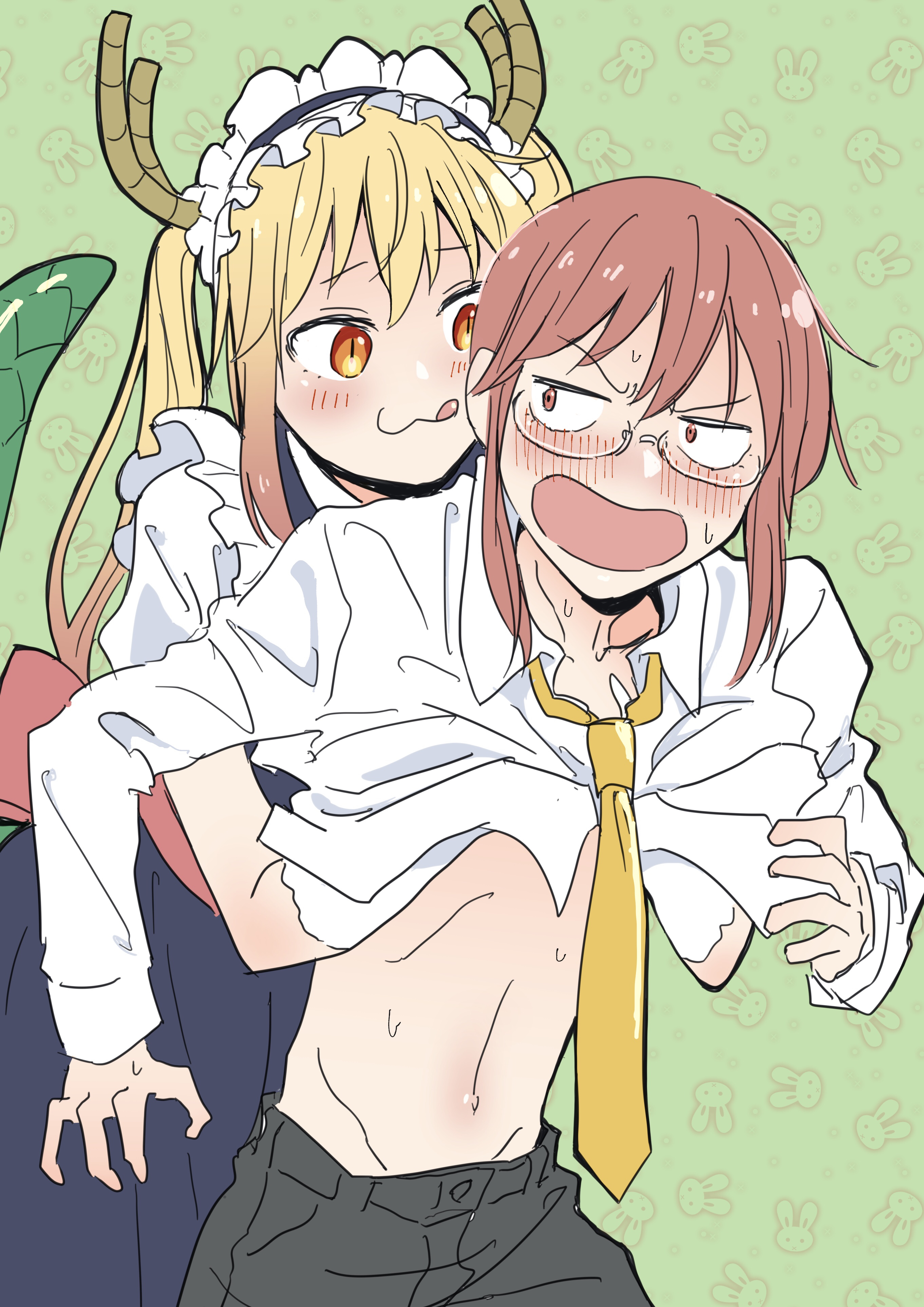 :3, 2girls, annoyed, blonde hair, breast grab, breasts, dragon girl, female, female/female, glasses, groping, hiro0930, kobayashi, licking lips, miss kobayashi's dragon maid, monster girl, small breasts, tagme, tohru (dragon maid), twintails, yuri