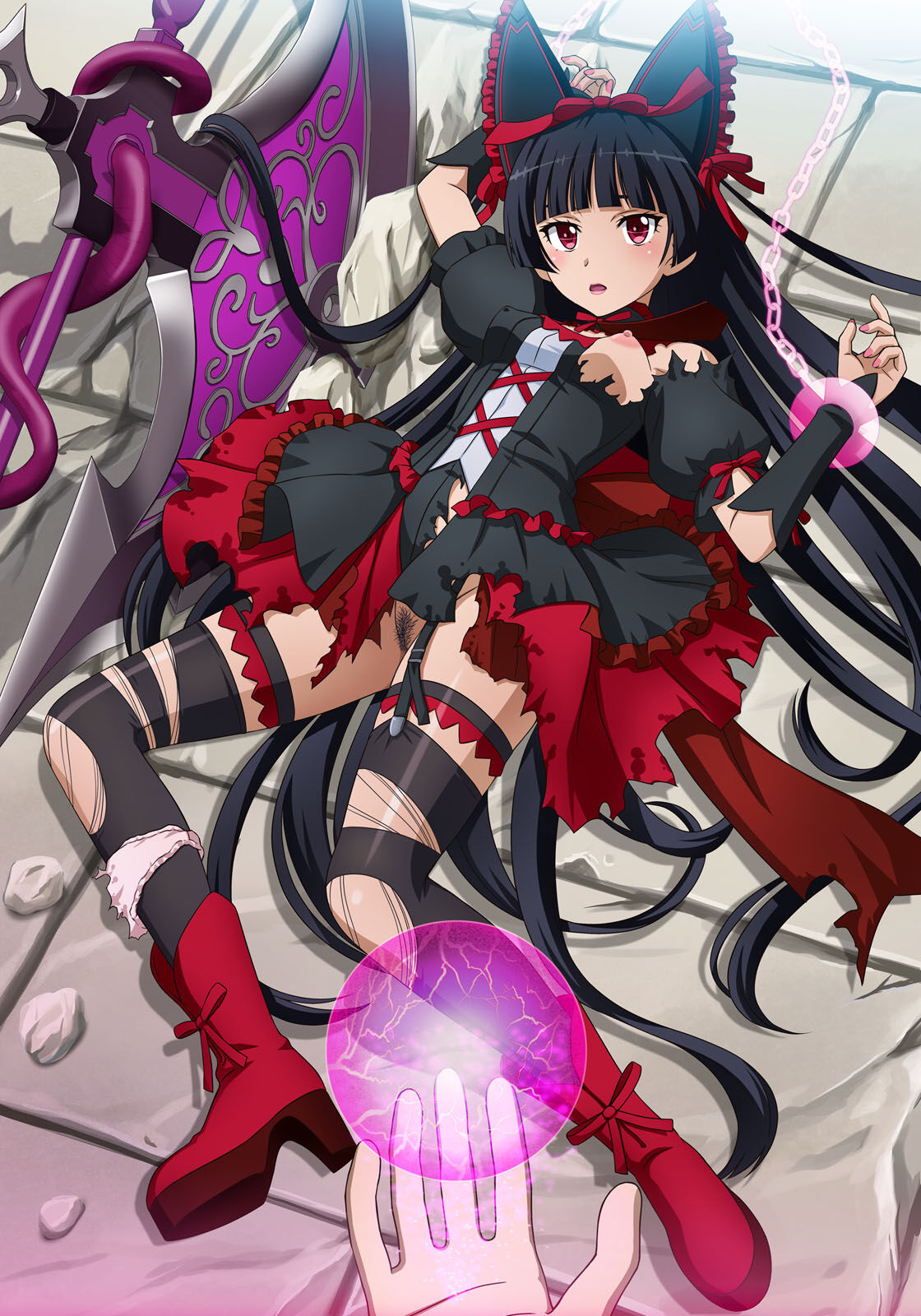 1girls big_breasts breasts gate_-_jieitai_ka_no_chi_nite_kaku_tatakaeri gothic_lolita high_heels highres hime_cut kneeling legs lipstick lolita_fashion long_hair makeup mosaic_censoring nail_polish panties pubic_hair pussy red_eyes red_ribbon ribbon rory_mercury solo tooo