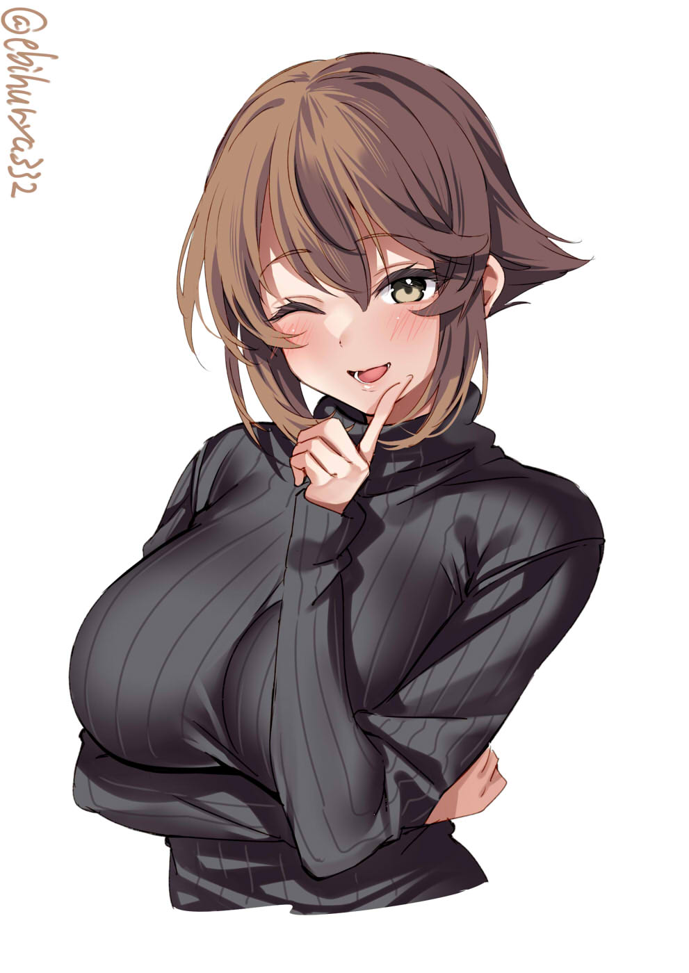 alternate_costume bangs black_sweater blush breasts brown_hair cropped_torso ebifurya female green_eyes hair_between_eyes hand_up highres kantai_collection large_breasts long_sleeves looking_at_viewer mature_female milf mutsu_(kantai_collection) one-hour_drawing_challenge one_eye_closed open_mouth ribbed_sweater short_hair simple_background smile solo sweater turtleneck turtleneck_sweater twitter_username upper_body white_background