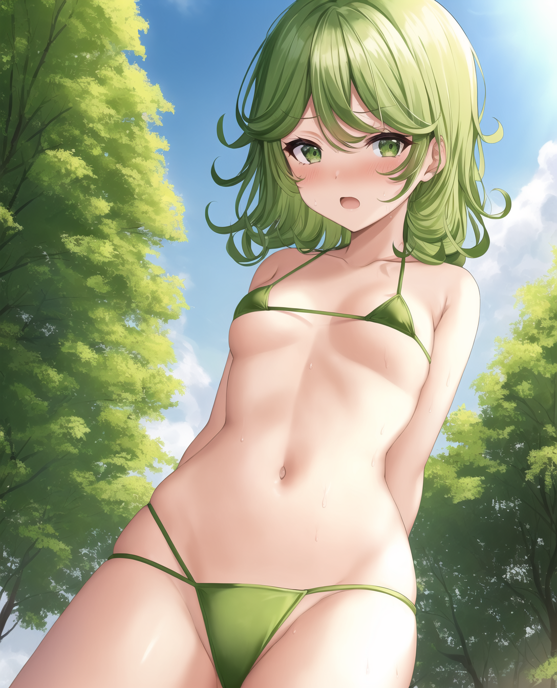 1girls, ai generated, bikini, blush, curly hair, female, female only, green bikini, green eyes, hands behind back, looking at viewer, one-punch man, open mouth, petite, tatsumaki, thighs