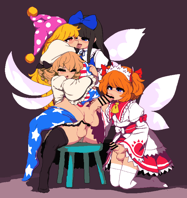 1girls 3futas american_flag american_flag_shirt balls bar_censor big_balls big_penis black_hair black_thighhighs blonde_hair blue_bow blue_clothing blue_eyes blush bottomless bow brown_hair censor_bar censored censored_penis chair closed_eyes clothed clothed_sex clothing clownpiece dress erection fairy_wings fellatio female foursome french_kiss front_view full_body futa_on_female futa_on_futa futanari futanari_masturbation futasub genitals group_sex hair_bow hat headdress headgear hug human jester_cap kiss kissing kneeling large_penis light-skinned_female light-skinned_futanari light_skin long_hair long_sleeves luna_child masturbating_during_fellatio masturbation medium_penis mostly_clothed multiple_girls namako_(takorin) no_shoes on_floor open_mouth oral orange_hair penis pixel_art polka_dot red_clothing red_hair reverse_suspended_congress sex sex_from_behind short_hair simple_background sitting smooth_balls smooth_penis star_(symbol) star_sapphire_(touhou) stockings stool sunny_milk takorin testicles thighhighs tongue tongue_out touhou white_clothing white_dress white_thighhighs wide_sleeves wings yellow_hair