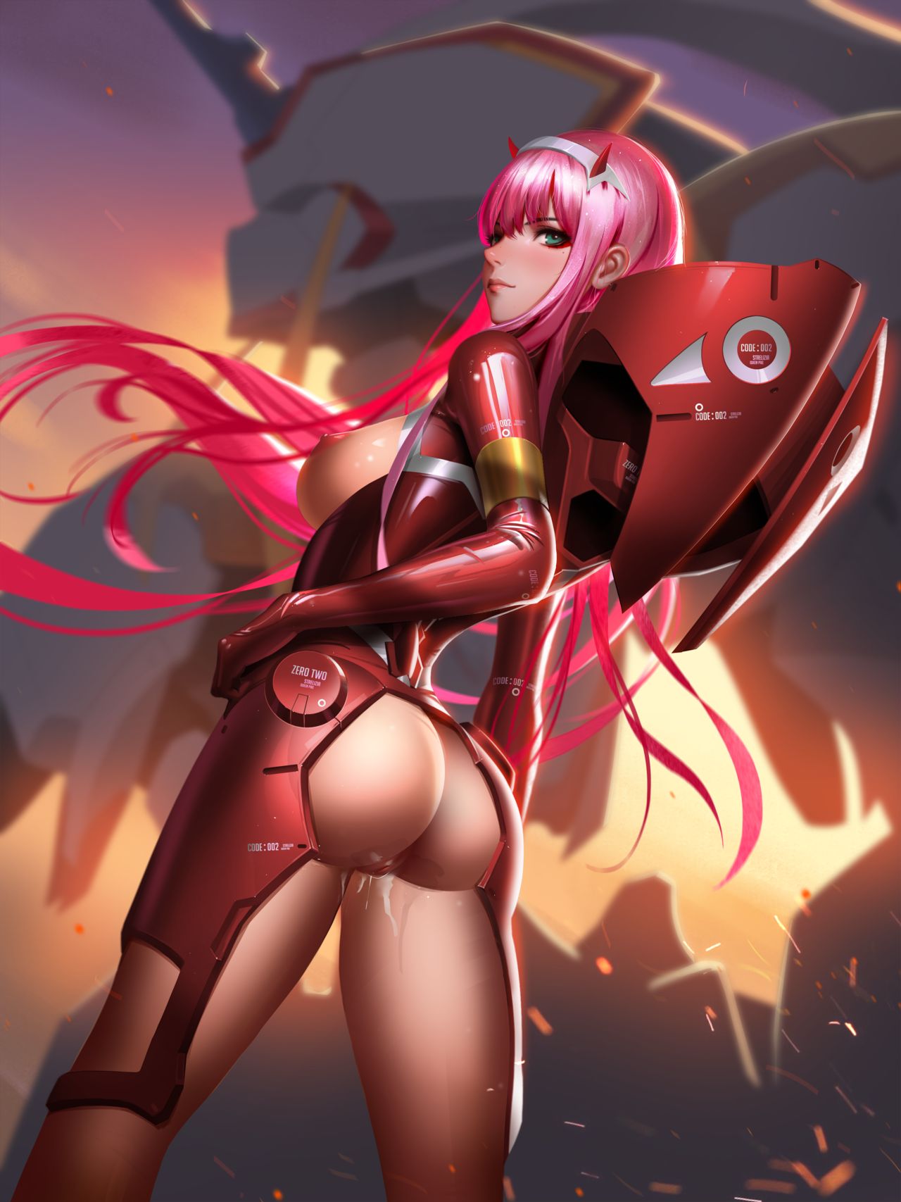 1girls, big breasts, breasts, darling in the franxx, female, horns, kneeling, latex, liang xing, looking at viewer, looking back, pink hair, solo, tagme, zero two (darling in the franxx)