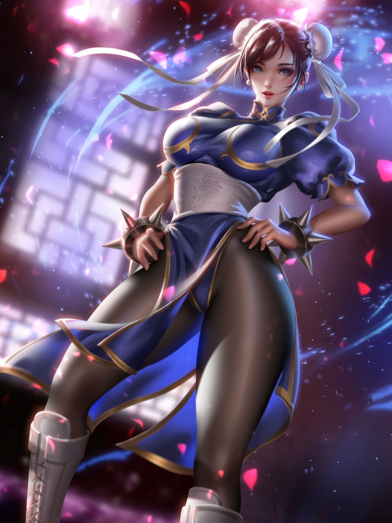 1girls, big breasts, black hair, blue eyes, breasts, brown eyes, chun-li, female, large breasts, liang xing, naked, nipples, pantyhose, pussy, solo, street fighter, street fighter ii