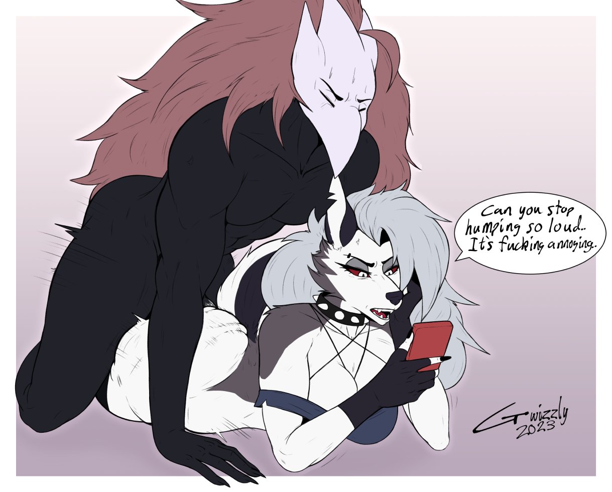 anthro ass_shake big_ass bored collar dark_grey_fur grey_hair gwizzly hellhound helluva_boss large_ass loona_(helluva_boss) male penetration phone prone_bone red_eyes red_phone rippling_ass spiked_collar straight thick_ass uninterested white_fur white_pupils