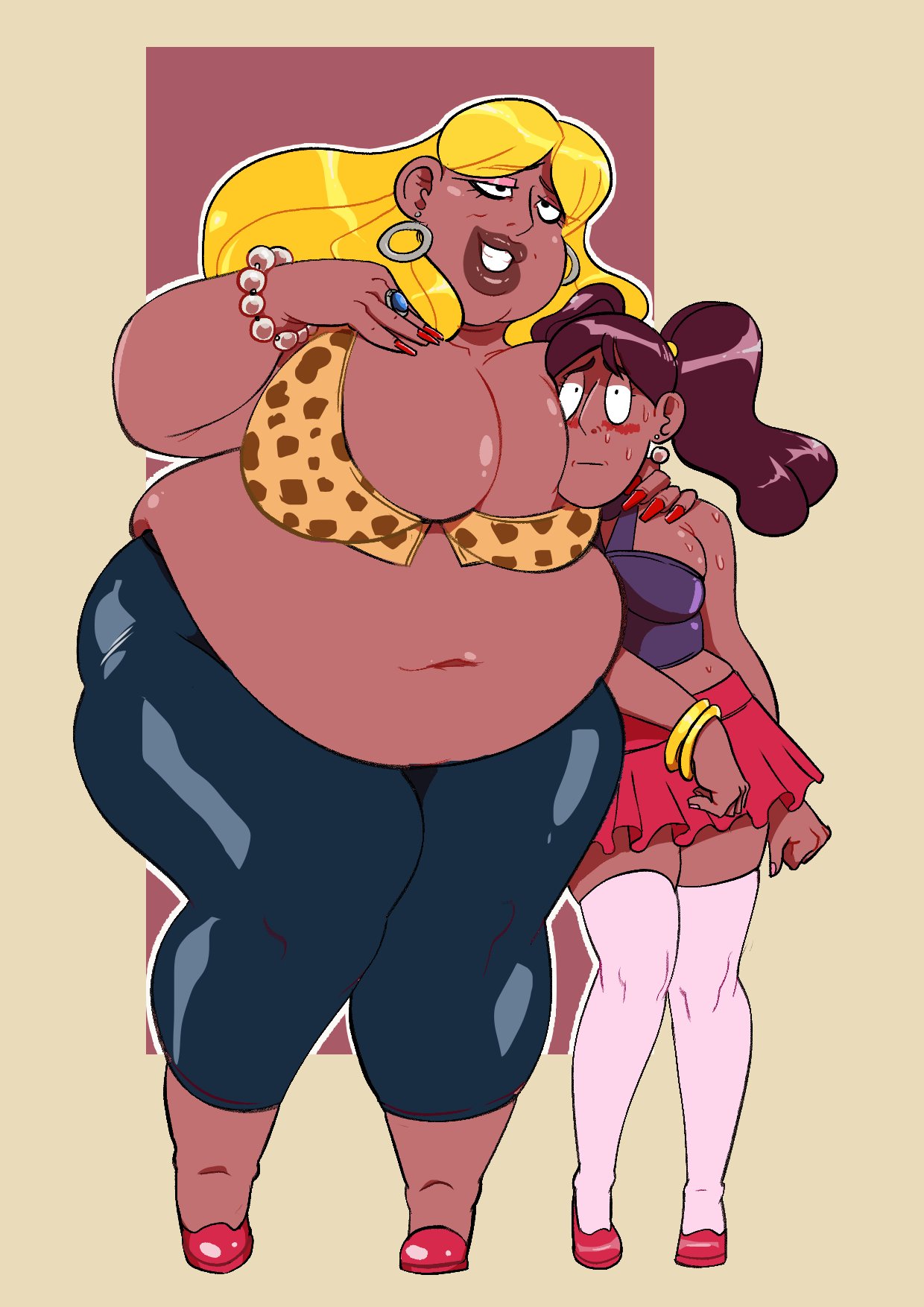 2girls, bbw, big breasts, bimbo, blonde hair, blush, breasts, cleavage, connie maheswaran, dark skin, dark-skinned female, earrings, fat, female, huge breasts, indian, indian female, inks-kinks, mature female, milf, mother, mother and daughter, obese, obese female, overweight, overweight female, plump lips, priyanka maheswaran, steven universe, sweat, thick thighs, tiger print, wide hips