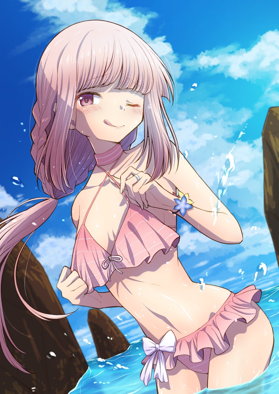 1girls beach bikini bikini_top blue_sky cloud clouds curvaceous curvy curvy_body curvy_female curvy_figure day daytime female female_only long_hair magia_record:_mahou_shoujo_madoka_magica_gaiden magical_girl mahou_shoujo_madoka_magica only_female pink_eyes pink_hair puella_magi_madoka_magica sea seaside sky solo solo_female swimsuit tamaki_iroha teen teenage_girl teenager touyu_(yuruyuruto) white_skin