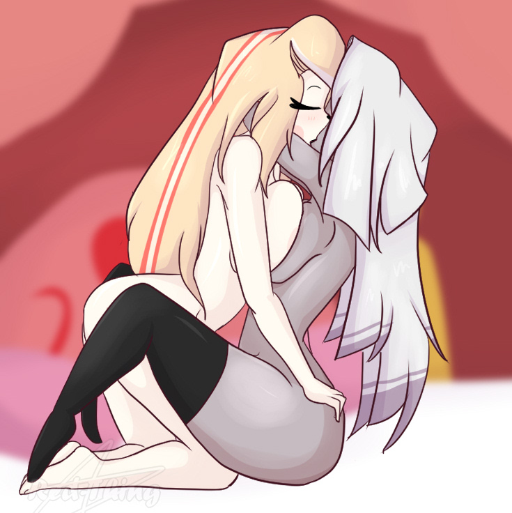 2demons 2girls background blonde_hair canon_couple charlie_morningstar_(hazbin_hotel) demon_girl female female/female female_only gray_hair grey_skin hazbin_hotel kissing lesbian_kiss lesbian_sex multiple_girls naked nsfw nude_female red_thing vaggie_(hazbin_hotel) white_body white_skin yuri