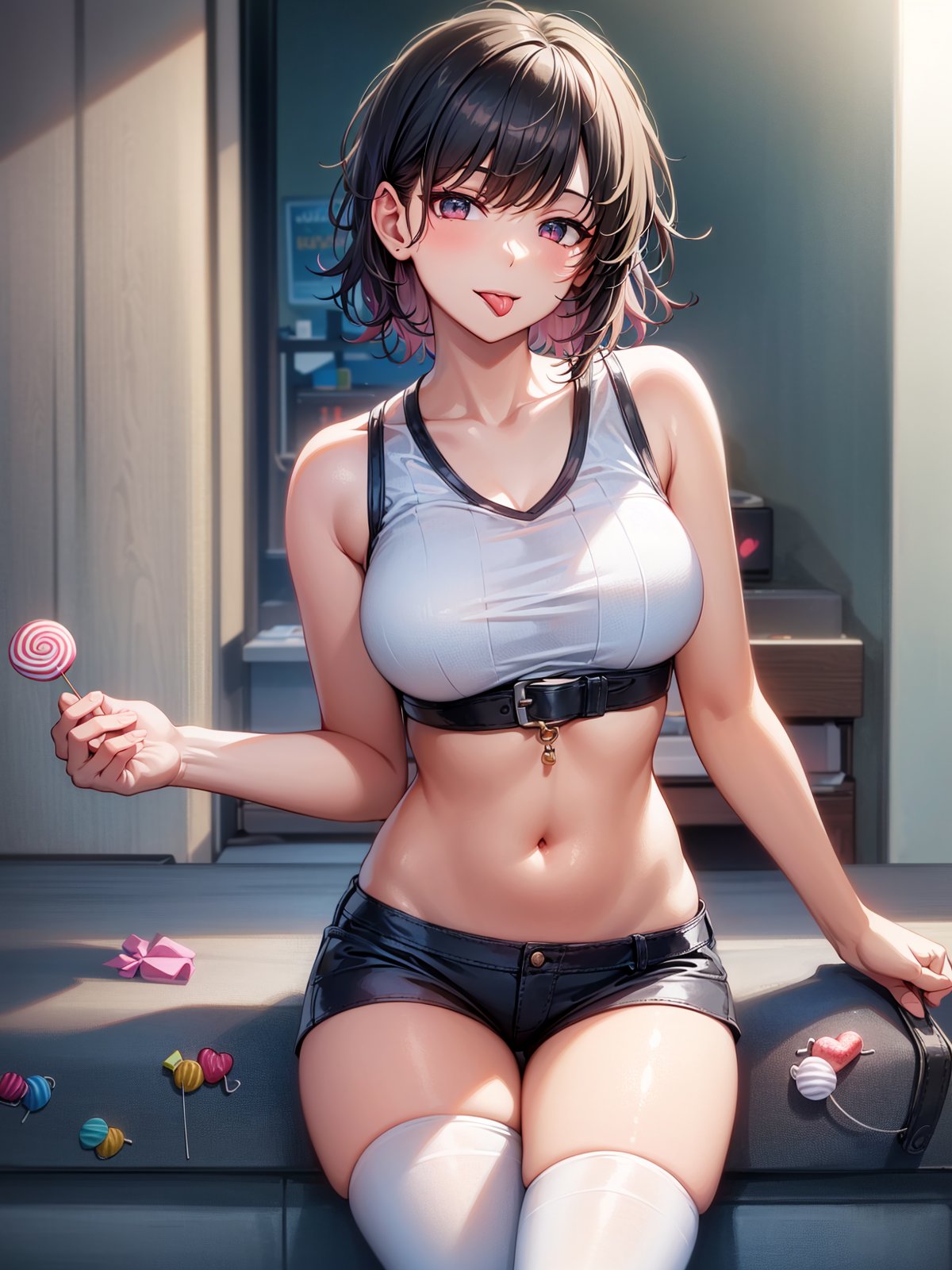 1girls, 2023, ai generated, big breasts, breasts, curvaceous, curvy, curvy body, curvy figure, female, female focus, female only, gym uniform, hi res, high resolution, lollipop, looking at viewer, stable diffusion, white stockings