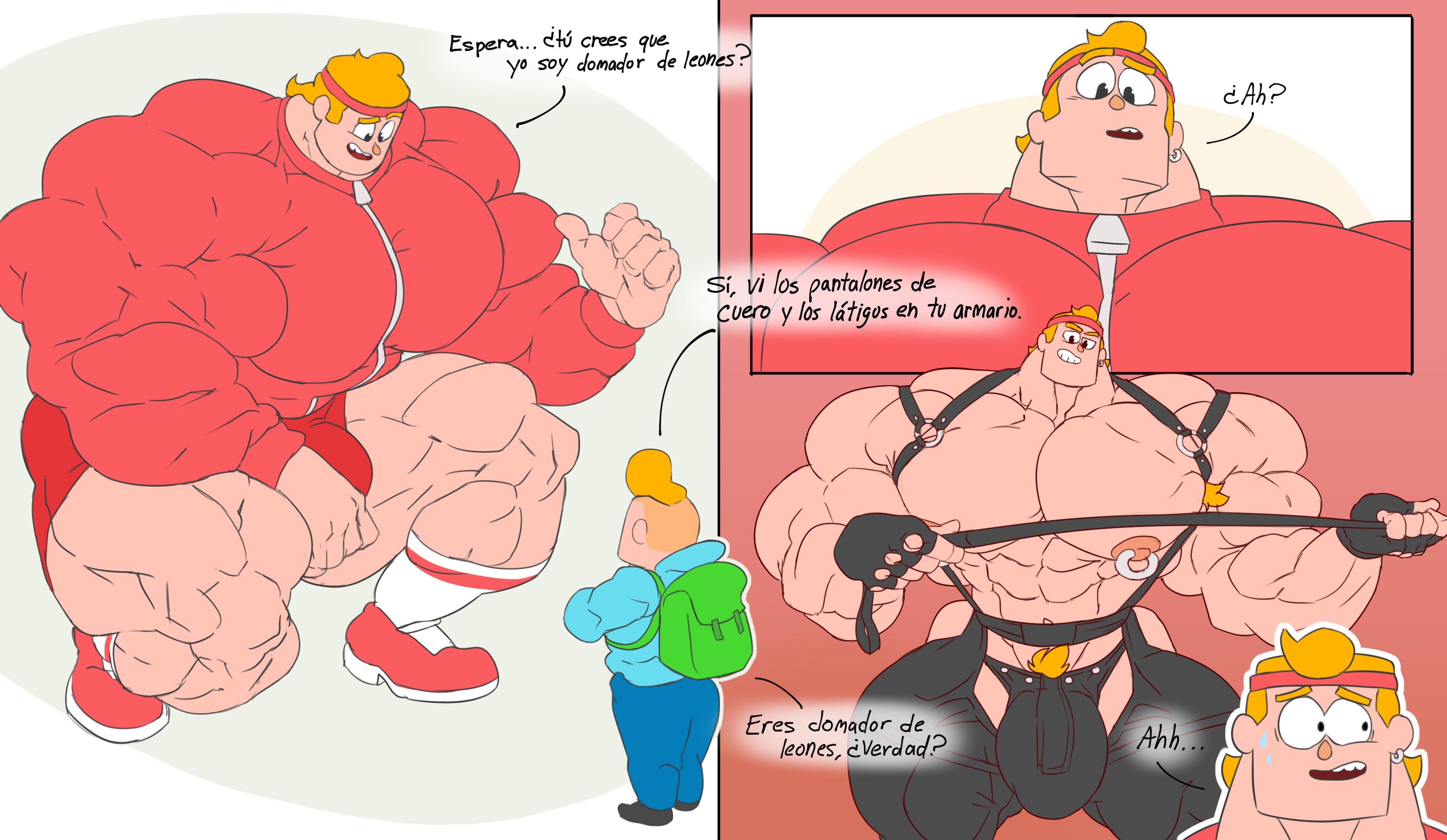 blonde hair, bulge, duolingo, eddy (duolingo), flaccid, human, leather clothing, leather gloves, leather pants, male, male focus, male only, muscular, muscular male, penis, remert, solo male, spanish text