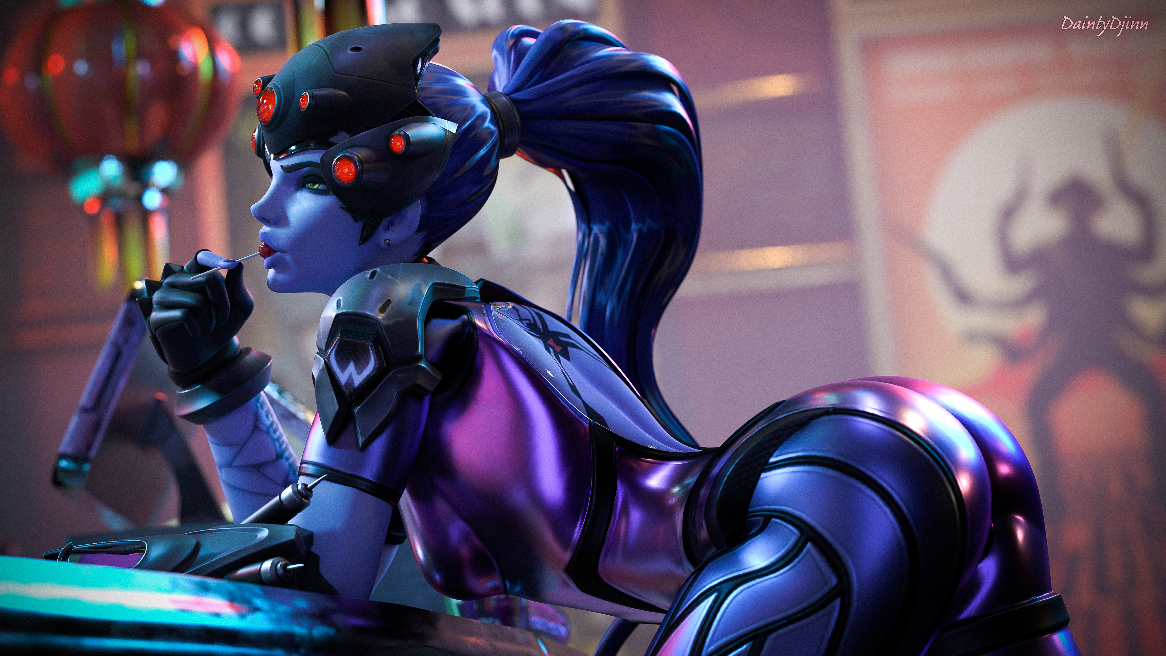 1girls, 3d, ass, ass up, back view, bent over, blizzard entertainment, bodysuit, clothed, clothed female, daintydjinn, female, female only, lolipop, overwatch, ponytail, pose, posing, purple skin, side view, solo, solo female, sucking lollipop, tattoo, tight clothing, widowmaker