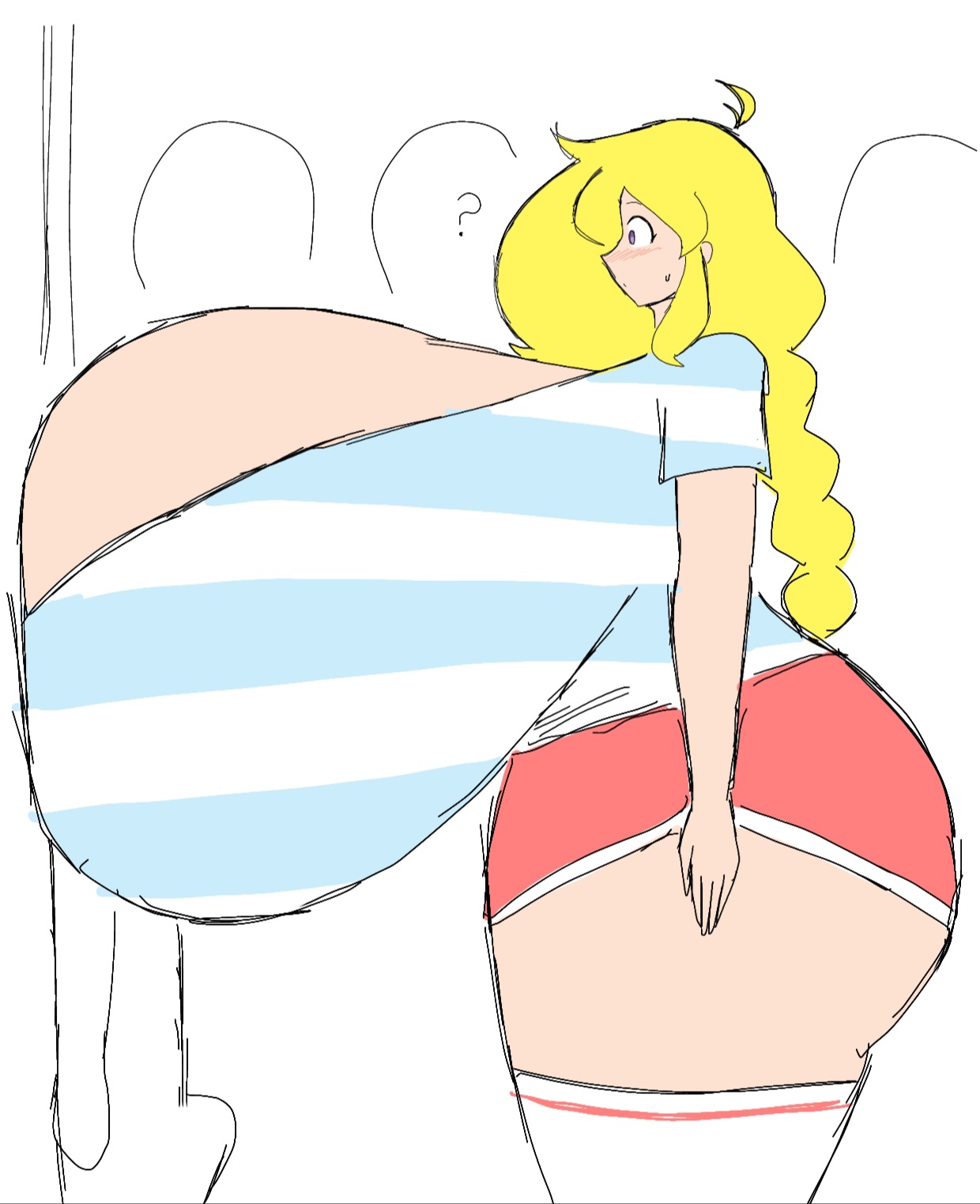 ?, 1boy, 1girls, against wall, ass, between breasts, big ass, big breasts, blonde hair, blush, booty shorts, breasts, cassie (theycallhimcake), cleavage, erection, fat ass, female, female focus, giant breasts, gigantic breasts, huge ass, huge breasts, huge cleavage, huge thighs, hyper, hyper ass, hyper breasts, male, massive breasts, momiji (artist), round ass, short shorts, shorts, thick ass, thick thighs, thighhighs, top heavy