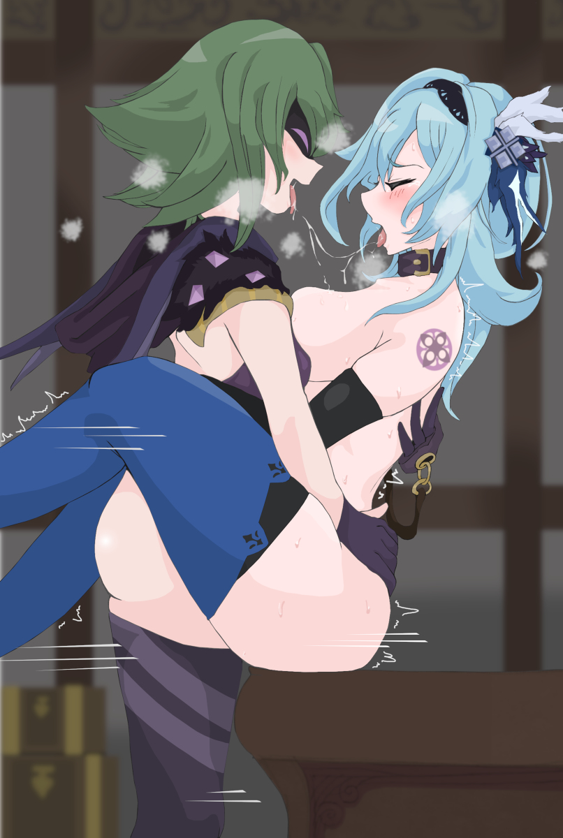 1futa, 1girls, after kiss, better version at source, big breasts, blue hair, bottomless, breasts, clothed, clothing, collar, duo, electro cicin mage (genshin impact), eula (genshin impact), female, futa on female, futadom, futanari, genshin impact, green hair, holding, human, intersex, light skin, light-skinned female, light-skinned futa, long hair, nude, partially clothed, pixiv sample, rape, saliva, saliva trail, sex slave, side view, standing, thighhighs, tongue, tongue out, ttptt