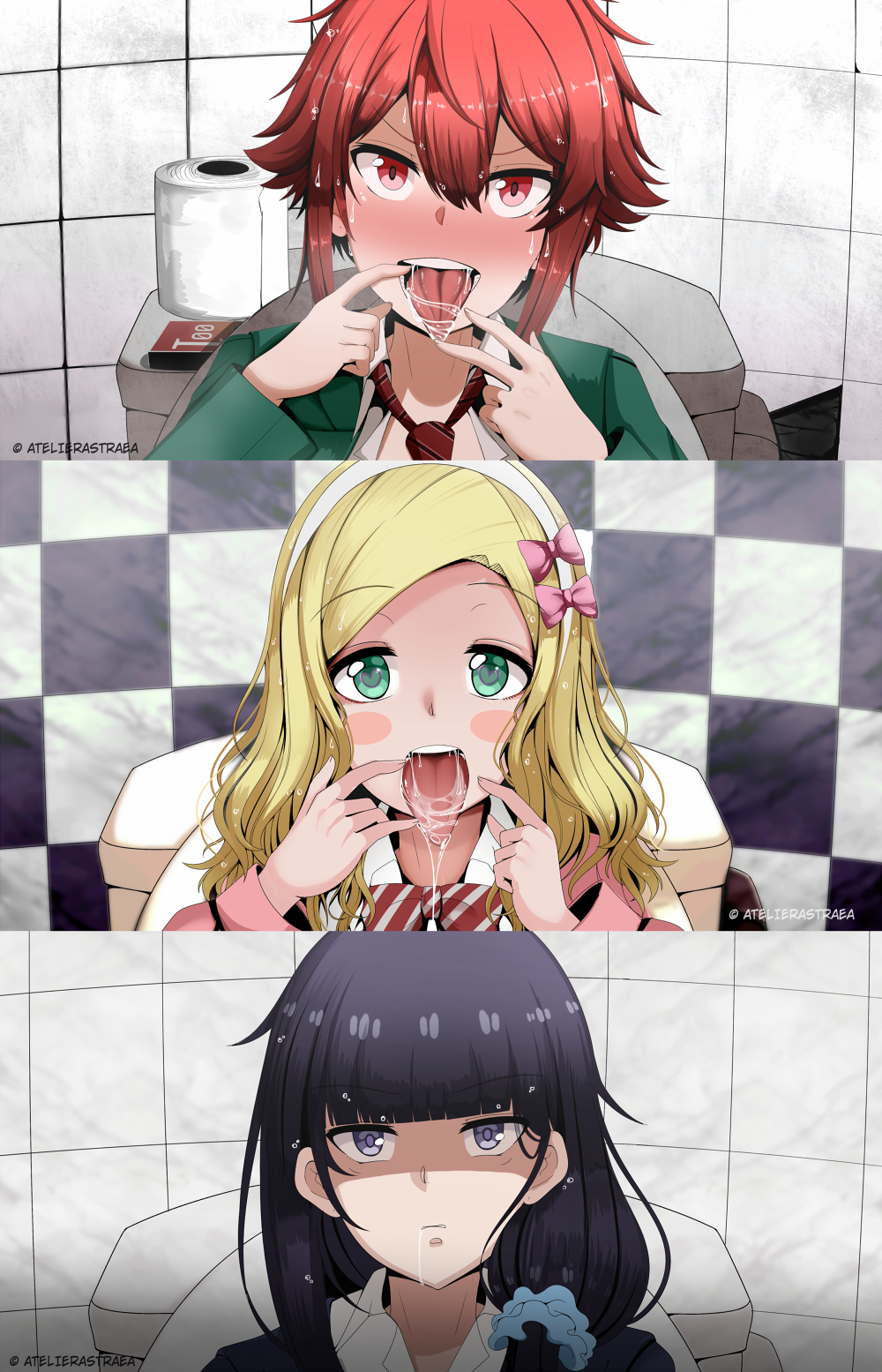 3girls aizawa_tomo astrea_(artist) bathroom black_hair blonde_hair blush carol_olston condom_box disgusted disgusted_expression disgusted_face disgusted_look fellatio_face fellatio_gesture female female_only full-face_blush green_eyes heart-shaped_pupils hi_res long_hair looking_at_viewer misuzu_gundou multiple_girls open_mouth purple_eyes red_eyes red_hair restroom saliva short_hair toilet tomboy tomo-chan_wa_onna_no_ko tongue_out