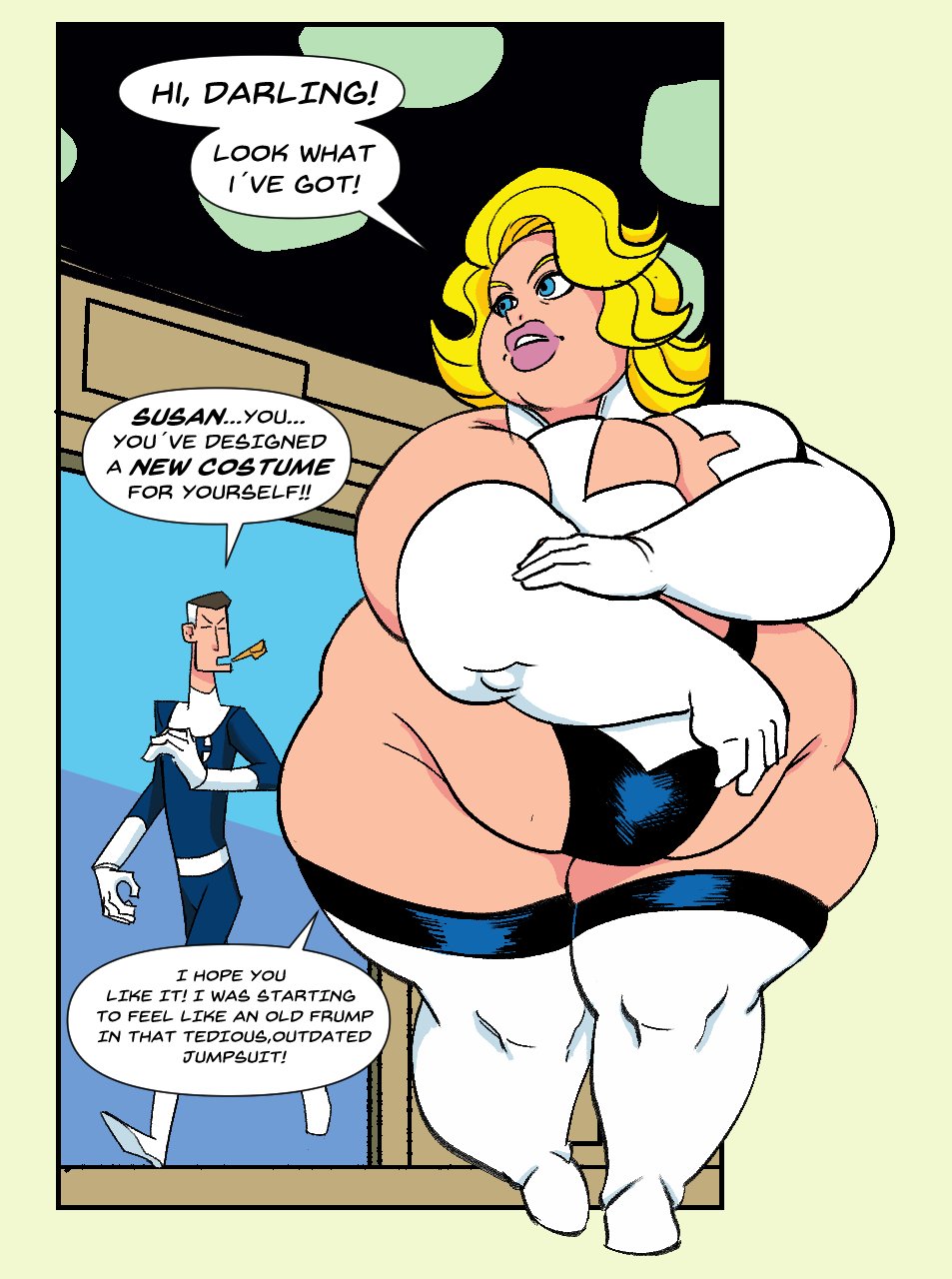 1boy 1girls bbw belly big_belly big_breasts blonde_hair blue_eyes boob_window breasts chubby cleavage fantastic_four female female_focus human human_only husband_and_wife inks-kinks invisible_woman light-skinned_female light-skinned_male light_skin male marvel mature mature_male mr_fantastic obese obese_female overweight overweight_female plump reed_richards straight sue_storm sue_storm_90s_costume superhero superheroine text thick_thighs wide_hips