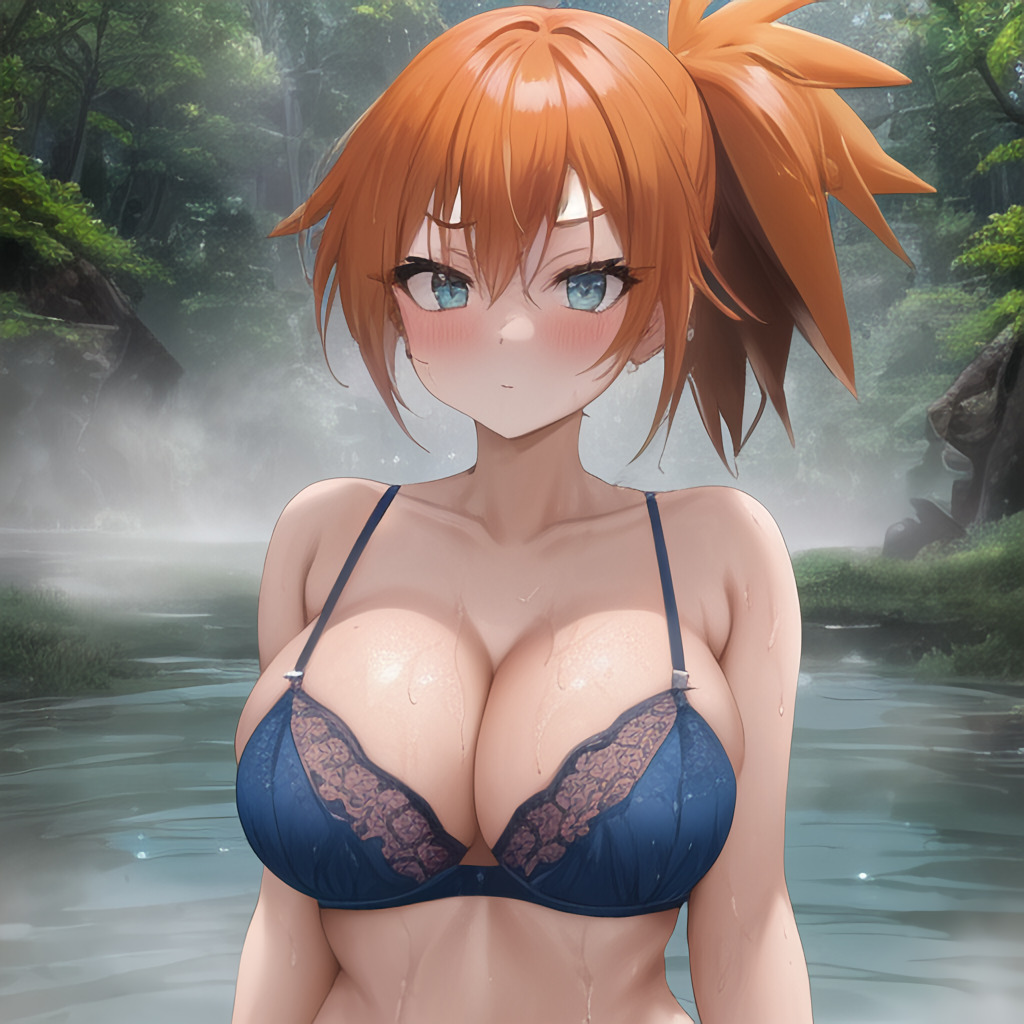 ai generated, alternate breast size, asymmetrical hair, bare shoulders, blue eyes, blush, bra, breasts, female, female only, game freak, green eyes, hair tie, high resolution, hips, huge breasts, kasumi (pokemon), large breasts, lingerie, looking at viewer, nintendo, open mouth, orange hair, panties, pokemon, pokemon (anime), pokemon (game), pokemon rgby, ponytail, shiny, shiny skin, short hair, side ponytail, simple background, tied hair, underwear