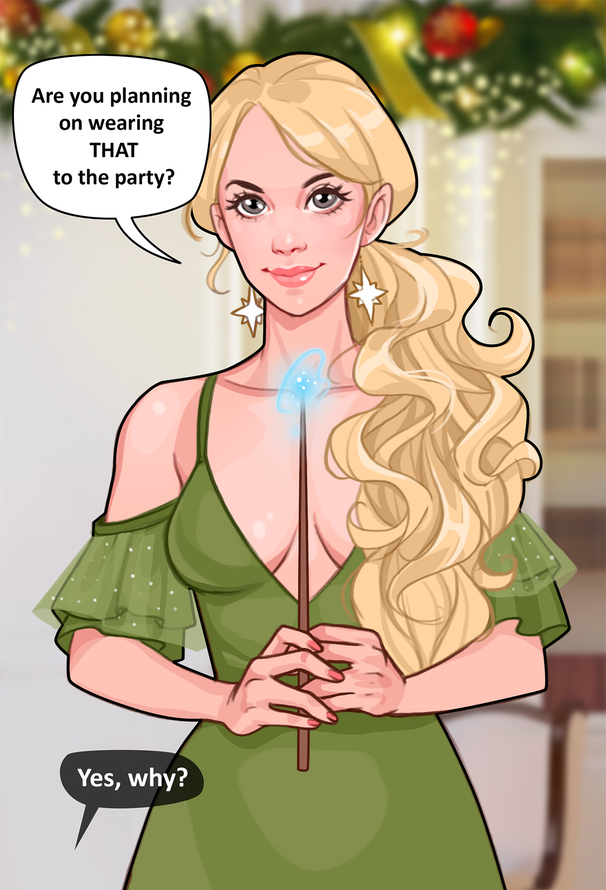 1girls, big breasts, bimbofication, blurry, blurry background, breasts, busty, christmas, cleavage, comic, curvaceous, curvy, curvy figure, dialogue, digital drawing (artwork), digital media (artwork), english text, eyebrows, eyelashes, eyes, female, female focus, female only, gift, hair, harry potter, hips, hourglass figure, legs, light skin, light-skinned female, lips, luna lovegood, minko, olena minko, ravenclaw, slim, slim waist, solo, solo female, speech bubble, text, thick, thick legs, thick thighs, thighs, upper body, voluptuous, waist, wand, wide hips, witch (harry potter)