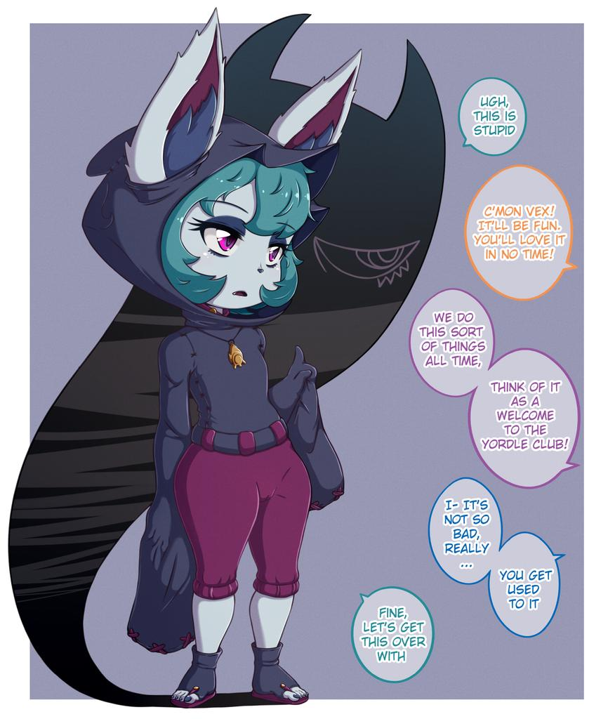 female flat_chest green_hair league_of_legends pink_eyes speech_bubble text vex_(league_of_legends) ya-ya-tan yordle