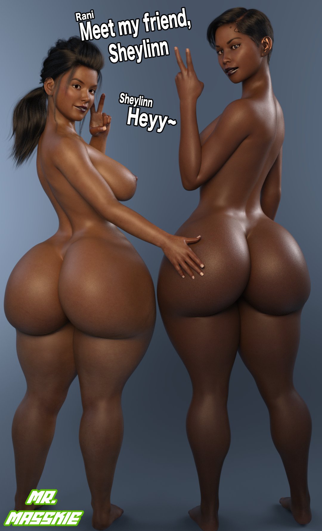 2girls 3d athletic athletic_female big_ass big_breasts bottom_heavy breasts brown-skinned_female brown_body brown_skin bubble_ass bubble_butt busty cleavage curvaceous curvy curvy_figure dark-skinned_female dark_skin dat_ass digital_media_(artwork) eyebrows eyelashes eyes fat_ass female female_focus fit fit_female gigantic_ass hair hips hourglass_figure huge_breasts human large_ass large_breasts legs lips massive_ass mrmasskie original original_character original_characters rani_(mrmasskie) sheylinn_(mrmasskie) thick thick_ass thick_legs thick_thighs thighs upper_body voluptuous waist wide_hips