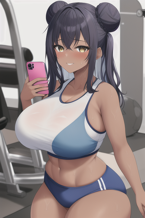 1girls ai_generated bangs big_ass brown_hair busty clothing curly_hair curvy curvy_figure dark-skinned_female dark_brown_hair gym gym_clothes gym_equipment hair_buns hazel_eyes holding_phone huge_breasts huge_thighs indoors long_bangs medicine_ball navel novelai open_mouth original pink_phone skin_tight smile sports_bra stable_diffusion sweat tan_skin thick_thighs thighs tired voluptuous