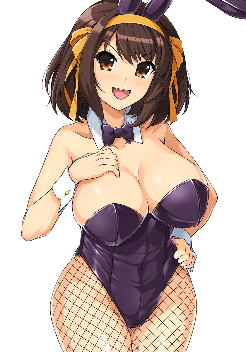 1girls, big breasts, bowtie, breasts, brown hair, bunny ears, bunnysuit, cleavage, clothing, collar, detached collar, female, female only, fishnet, fishnet legwear, fishnet stockings, fishnets, hand on breast, hartman hips, haruhisky, hourglass figure, huge breasts, large breasts, leotard, looking at viewer, purple leotard, short hair, smile, suzumiya haruhi, suzumiya haruhi no yuuutsu, thick thighs, thighs, thunder thighs, thunderthighs, white background