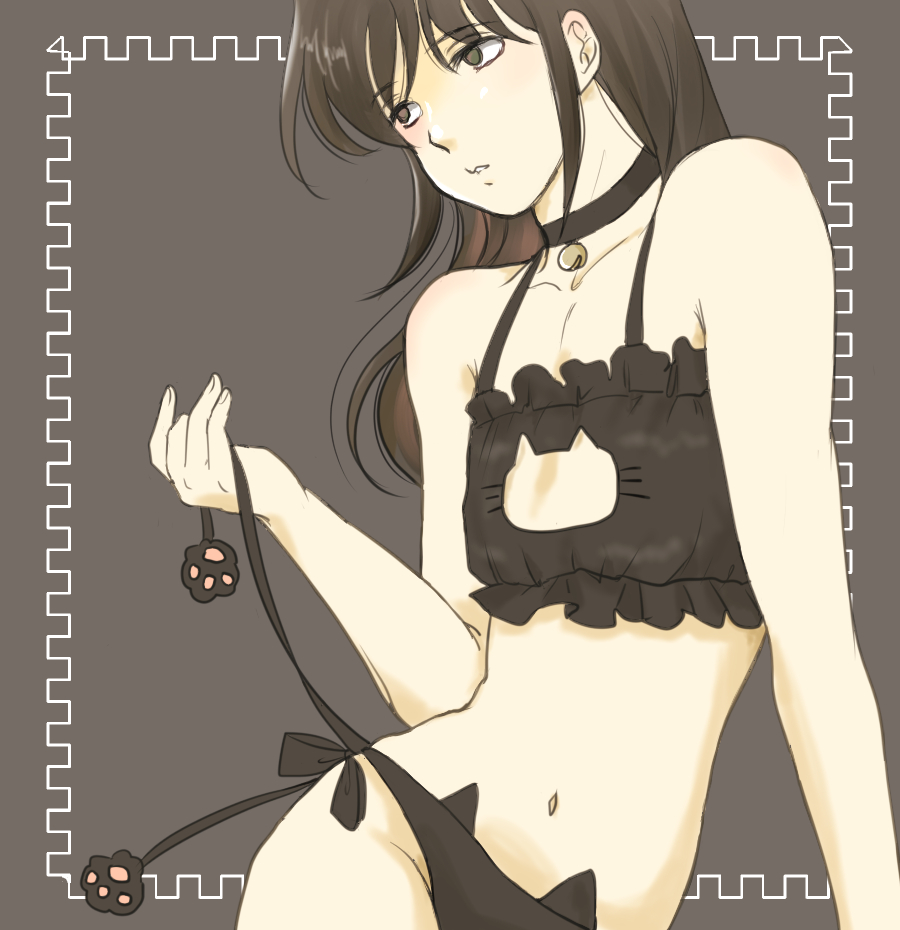 alternate_costume bell_collar black_hair black_panties cat_lingerie choker cleavage_cutout crossdressing damascusn femboy gintama katsura_kotarou lingerie long_hair long_hair_male male male_only panties side-tie_panties solo trap