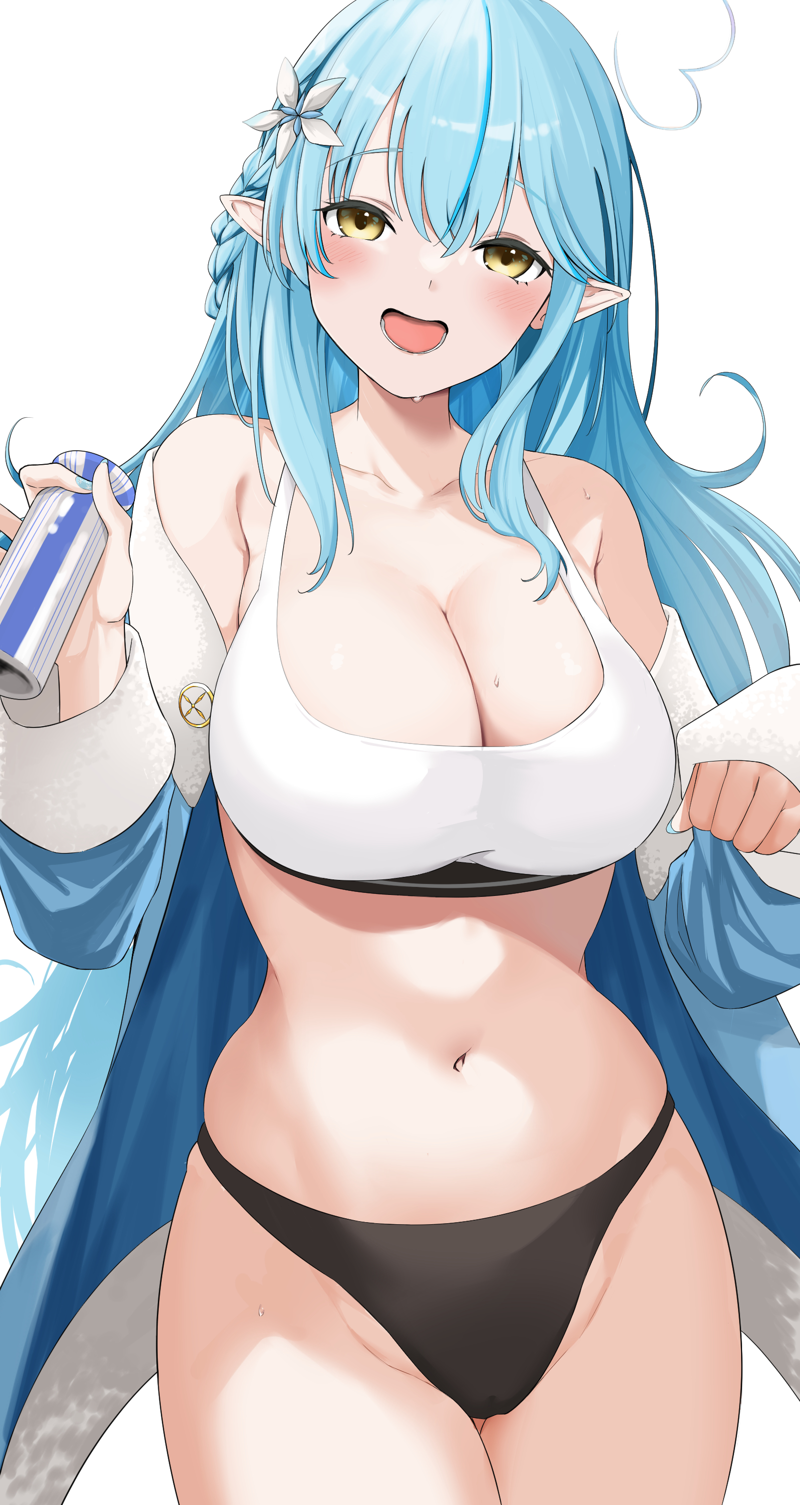 :d, absurdres, ahoge, black panties, blue hair, blush, bottle, braid, breasts, cleavage, coat, curvy, elf, female, flower, hair flower, hair ornament, heart, heart ahoge, highres, holding, holding bottle, hololive, hololive gen 5, hololive japan, itamikiko, large breasts, long hair, long pointy ears, off shoulder, open clothes, open coat, open mouth, panties, pointy ears, sake bottle, side braid, simple background, smile, solo, sports bra, underwear, very long hair, virtual youtuber, white background, yellow eyes, yukihana lamy