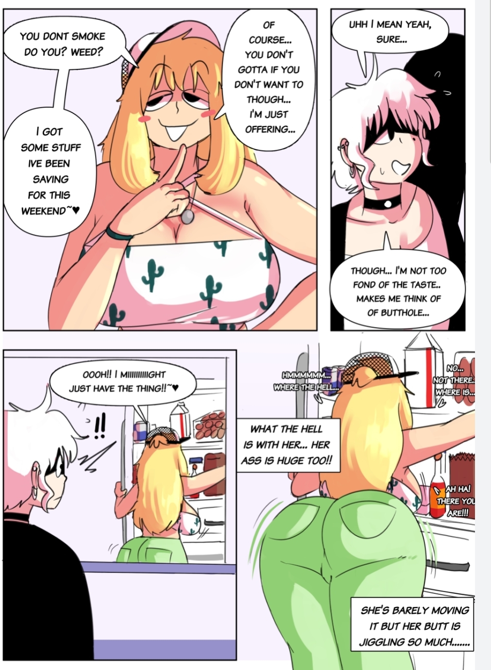 big_breasts blonde_hair comic damien_(honeyboyy) dialogue honeyboyy original shannon_(honeyboyy) stoned tagme text