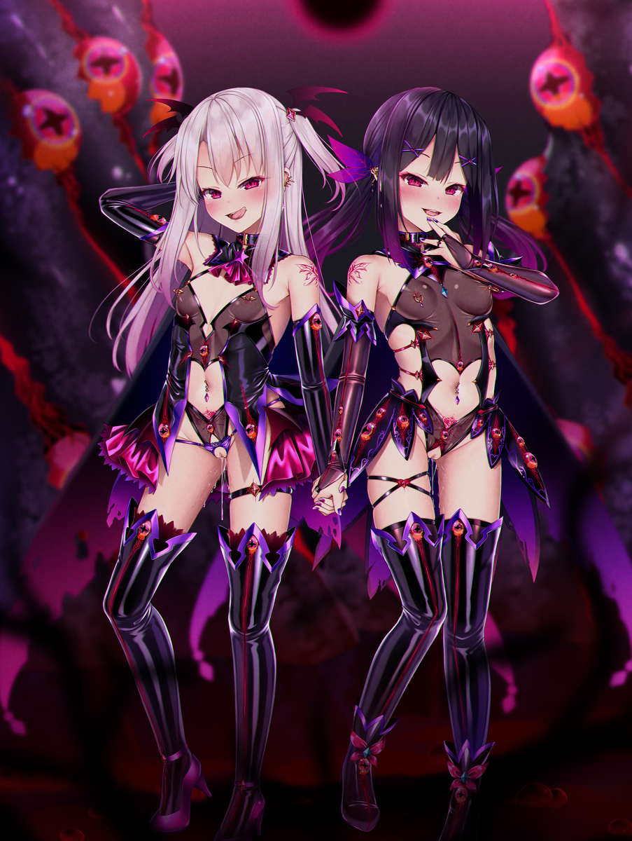 2girls black_hair black_thighhighs boots clothed duo_female duo_focus fate/kaleid_liner_prisma_illya fate_(series) female female_only garter_belt hair_ornament heels holding_hands illyasviel_von_einzbern latex_thighhighs light-skinned light-skinned_female looking_at_viewer miyu_edelfelt multiple_girls nipple_piercing open_mouth pink_eyes pink_heels pubic_tattoo puririn pussy_juice_drip revealing_clothes shoulder_tattoo slit_pupils smiling smiling_at_viewer tattoo thighhighs twintails white_hair young