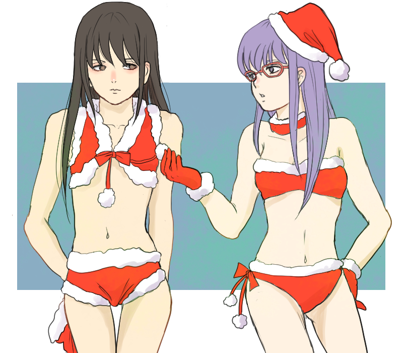 1boy 1girls alternate_costume androgynous bandeau black_hair choker christmas christmas_outfit crop_top damascusn female fur_trim gintama glasses gloves katsura_kotarou long_hair long_hair_male looking_at_another male purple_hair red-framed_glasses red_panties santa_hat sarutobi_ayame side-tie_panties thigh_gap