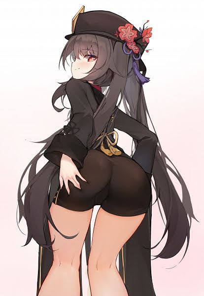 1girls, female, genshin impact, hu tao (genshin impact), long hair, looking at viewer, pov, shorts, smirk, smirking at viewer, solo, white background