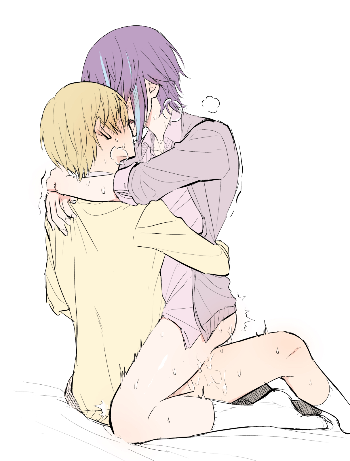 blonde hair, cardigan, clothed sex, gay, kamishiro rui, male, male focus, male only, male/male, project sekai, purple hair, ruikasa, sitting on lap, socks, sweat, tenma tsukasa, tkasabrui, yaoi