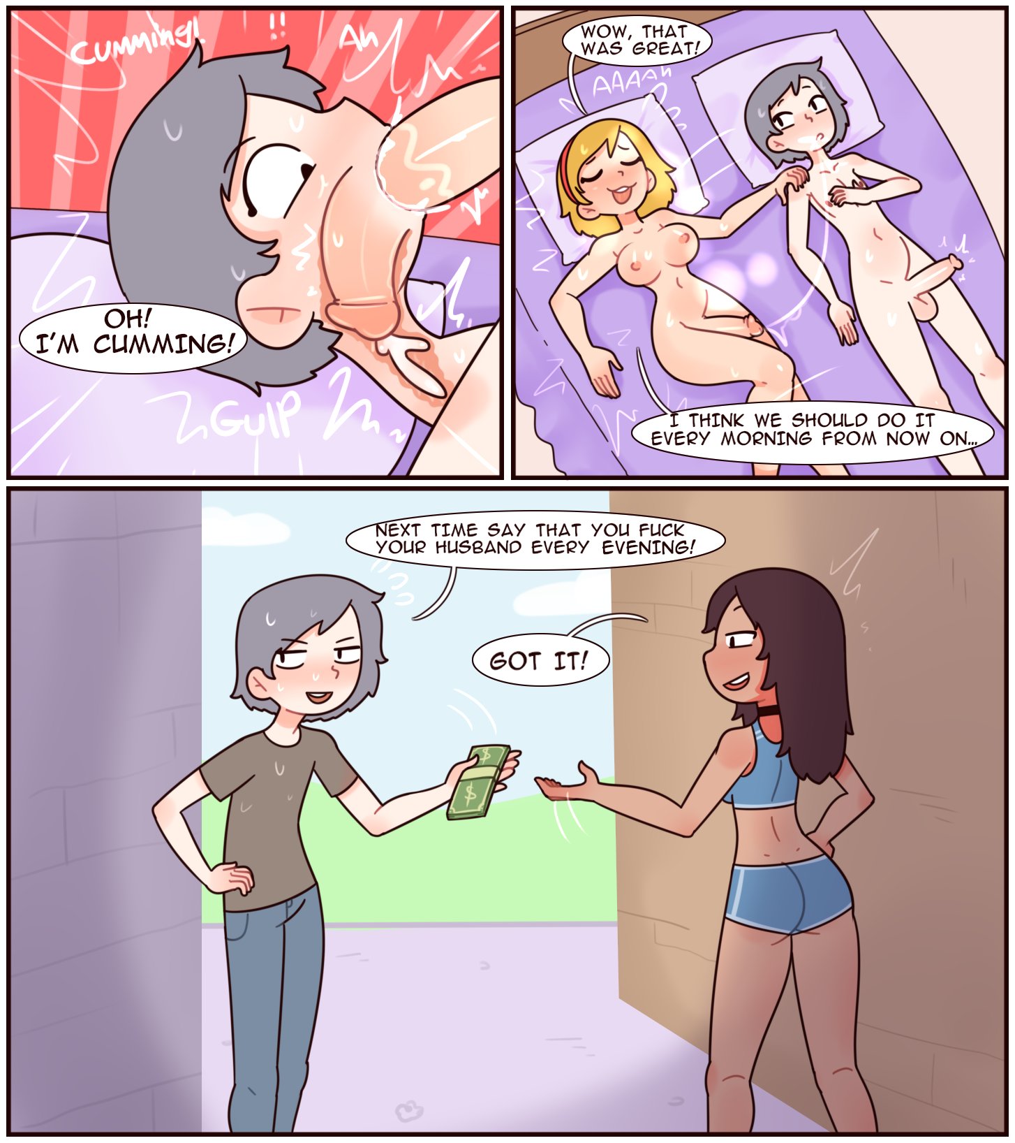 1boy, 2futas, after oral, after sex, areolae, balls, bed, big breasts, big penis, black hair, blonde hair, blowjob, breasts, clothed, clothing, color, comic, completely nude, cum, cum inside, deepthroat, dialogue, duo focus, ejaculation, english text, erection, face fucking, fellatio, femboy, fully clothed, futa on femboy, futa on male, futanari, grey hair, human, intersex, light skin, light-skinned futa, male, male sucking futa, money, motion lines, nipples, nude, nude futa, nude male, on back, oral, orgasm, payment, penis, plot twist, red7cat, sex, short hair, text
