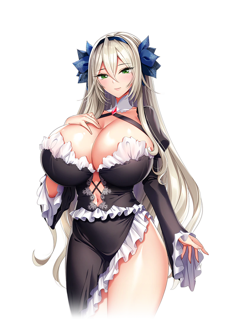 akagi_rio big_breasts cleavage curvy curvy_female detached_collar dress elma_saventilla female frilled_dress frills game_cg hair_between_eyes hair_ribbon hand_on_breast hi_res highres huge_breasts large_breasts long_hair looking_at_viewer mature_female milf milk_factory mother motto!_haramase!_honoo_no_oppai_isekai_oppai_meido_gakuen! navel navel_cutout official_art revealing_clothes shiny shiny_breasts shiny_skin transparent_background