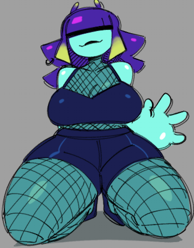 big_breasts black_lipstick blunt_bangs chubby chubby_female cleavage female female_only fishnets hair_over_eyes kneeling purple_hair readraws reahmi sevin thick_thighs