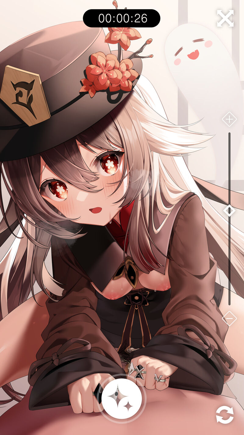 1girls, breasts, breasts out, brown hair, cowgirl position, female, genshin impact, ghost, hat, hu tao (genshin impact), imminent oral, male, nipples, pov, recording, red eyes, sex, small breasts, spread legs, unseen male face