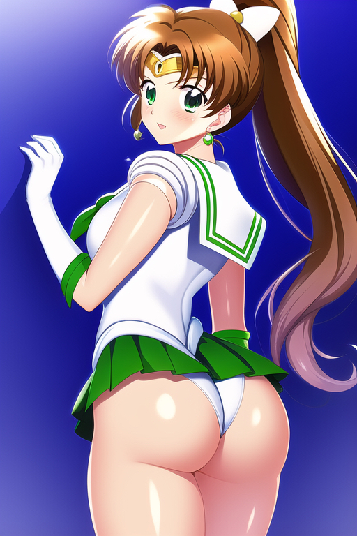 ai_generated ass ass_focus bare_shoulders bishoujo_senshi_sailor_moon blush bow breasts brown_hair circlet clothing earrings female from_behind gloves green_eyes huge_ass l large_breasts leotard long_hair looking_at_viewer makoto_kino miniskirt ponytail sailor_jupiter sailor_uniform school_uniform schoolgirl shiny shiny_clothes shiny_hair shiny_skin sideboob skirt smile solo