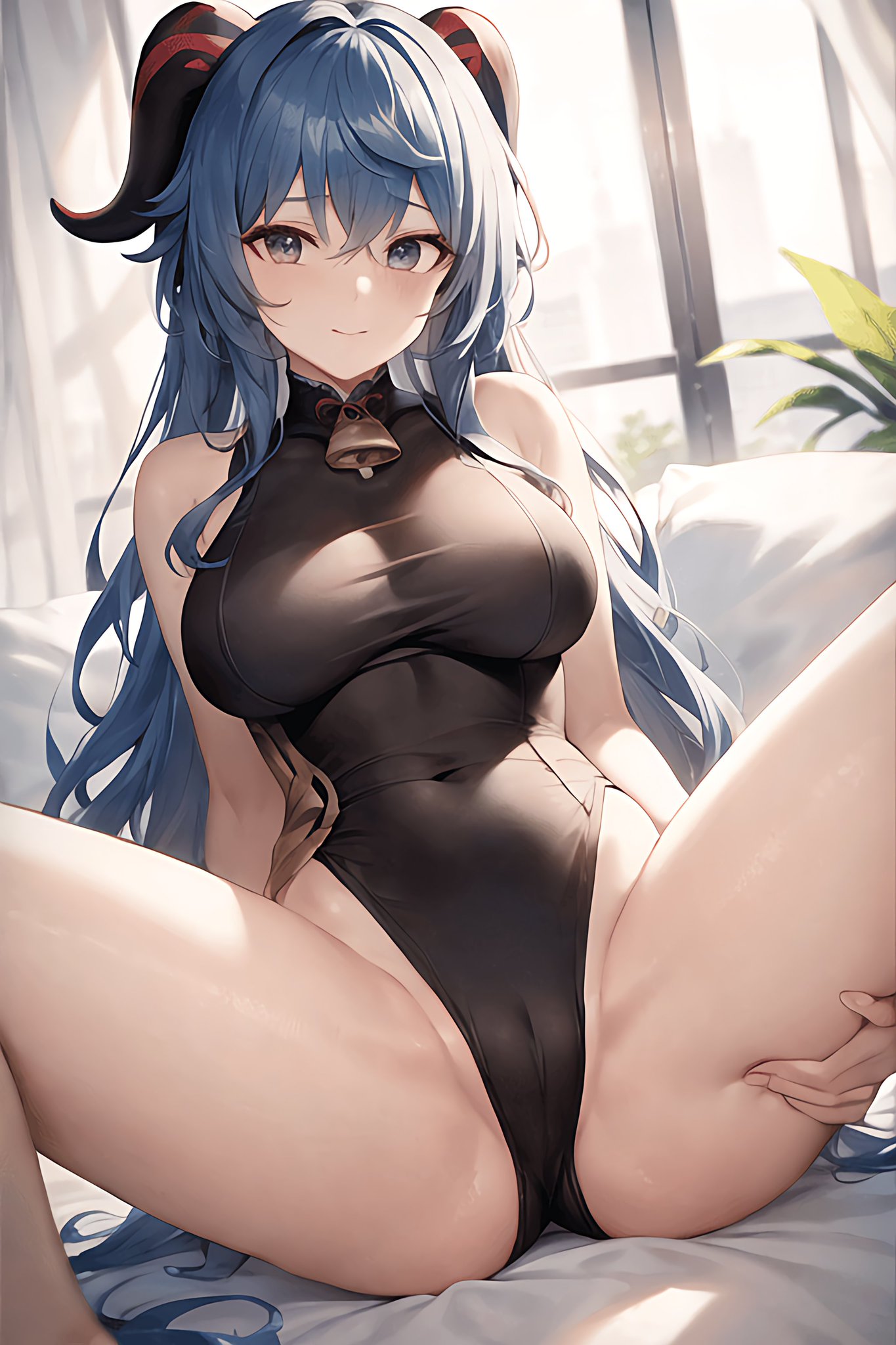 1girls, 2023, ai generated, big breasts, blue hair, breasts, curvaceous, curvy, curvy body, curvy female, curvy figure, female, female focus, female only, ganyu (genshin impact), genshin impact, high resolution, highres, leotard, long hair, looking at viewer, mihoyo, swimsuit, swimwear