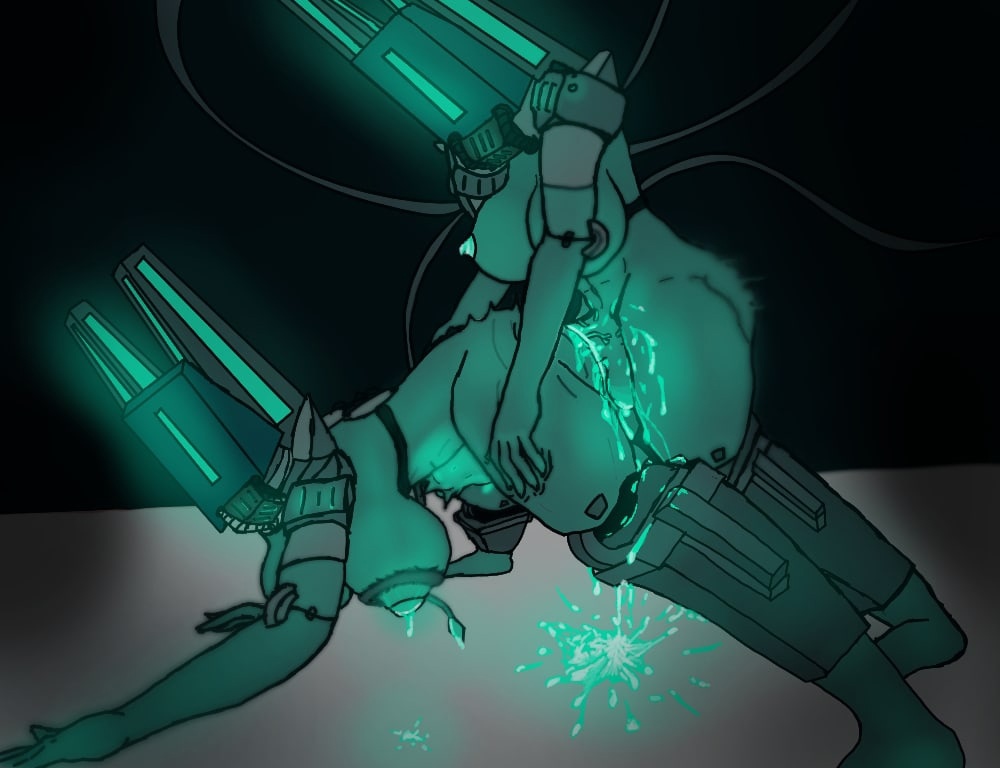 1futa, 1girls, armor, big breasts, big penis, breasts, cum, cum in pussy, cum on body, doggy style, female, futa on female, futanari, glorkit, green skin, intersex, mindflayer (ultrakill), penis, pussy, robot, robot girl, sex, simple background, ultrakill, vaginal penetration