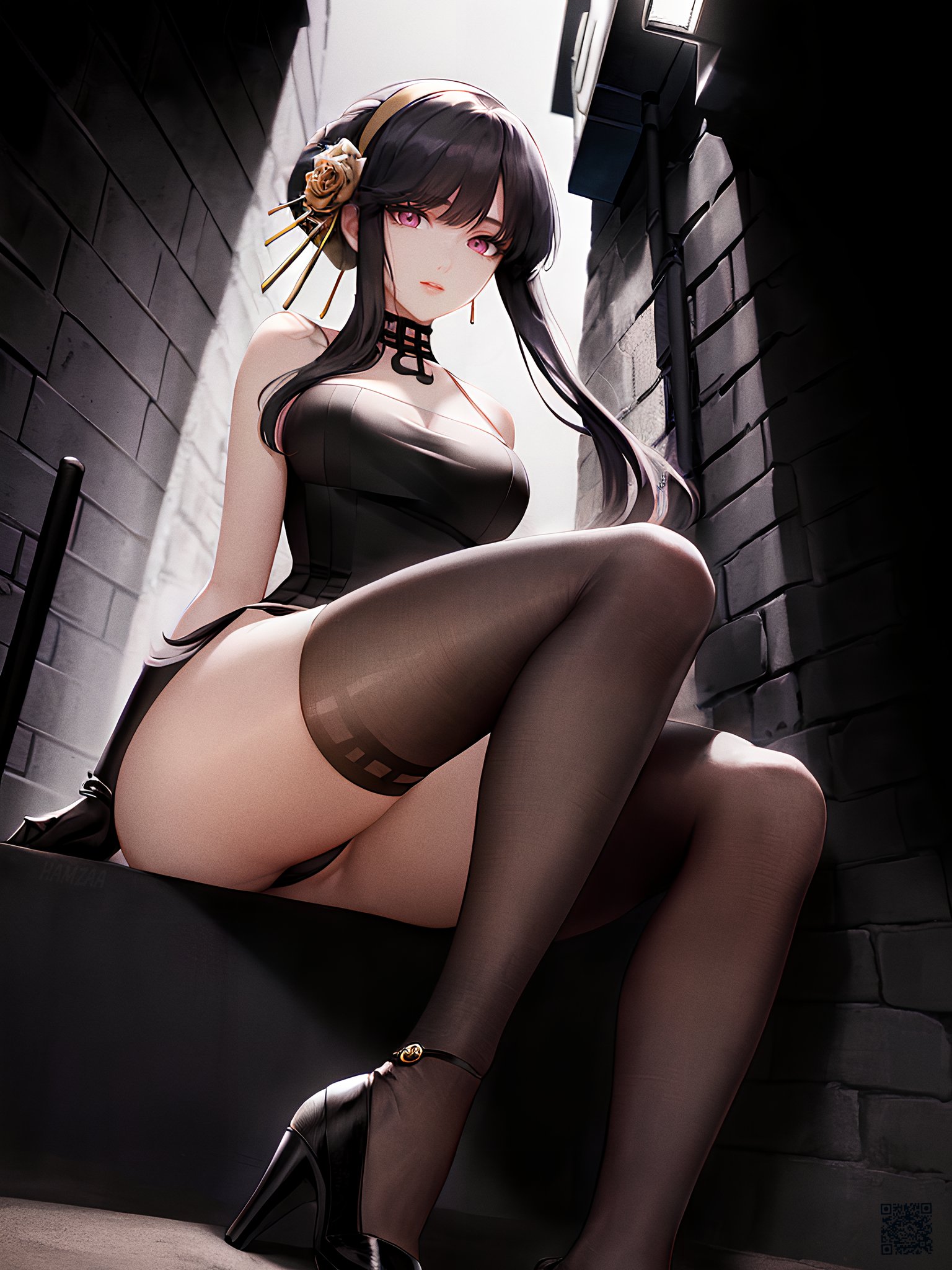 1girls, 2023, ai generated, artist request, assassin, black hair, curvy, curvy body, curvy figure, dress, female, female focus, female only, heels, hi res, high heels, high resolution, legwear, long hair, looking at viewer, pink eyes, seductive eyes, seductive look, spy x family, underwear, voluptuous female, yor briar, yor forger