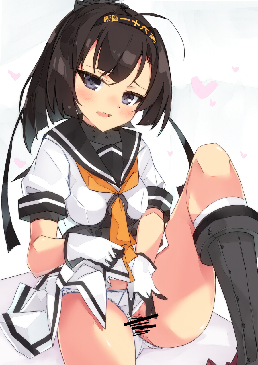 1girls ahoge akizuki_(kantai_collection) bar_censor beritabo black_hair black_headband black_sailor_collar blush breasts censored clothes_lift clothes_writing clothing_aside covered_collarbone feet_out_of_frame female female_only gloves grey_background grey_eyes headband heart heart-shaped_pupils highres kantai_collection knee_up kneehighs lifted_by_self long_hair looking_at_viewer medium_breasts oerba_yun_fang open_mouth panties panties_aside pleated_skirt pussy sailor_collar shirt sitting skirt skirt_lift socks solo solo_female spread_pussy symbol-shaped_pupils underwear white_gloves white_panties white_shirt white_skirt white_socks