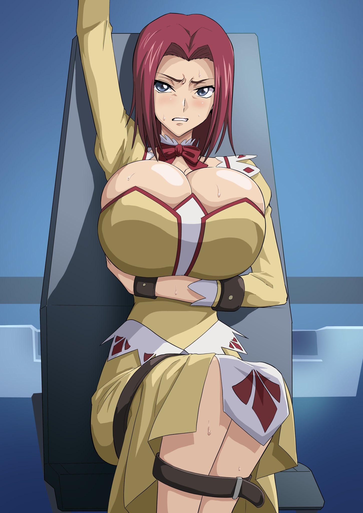 1girls, blue eyes, blush, bondage, bound arms, bound legs, breasts, breasts bigger than head, cleavage, code geass, dress, female, female only, hair between eyes, huge breasts, iwao178, kallen stadtfeld, looking at viewer, no artist signature, no source, red hair, short hair, solo, sweat, thick thighs, thighs, uncensored, wide hips