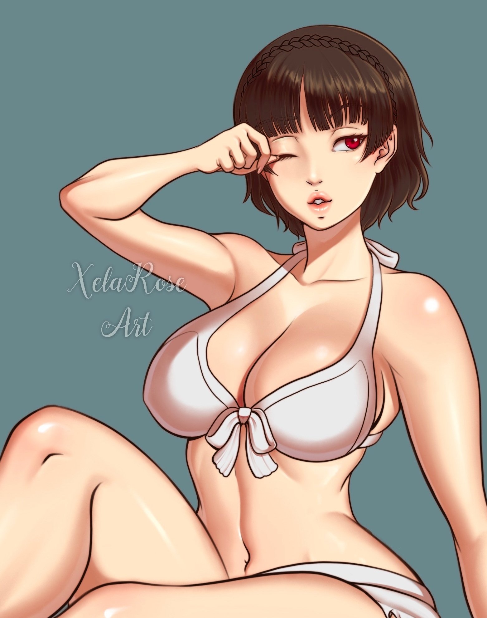 alternate costume, atlus, bikini, breasts, female, female only, makoto niijima, makoto niijima (swimsuit), persona, persona 5, red eyes, solo, swimsuit, tagme, xelaroseart