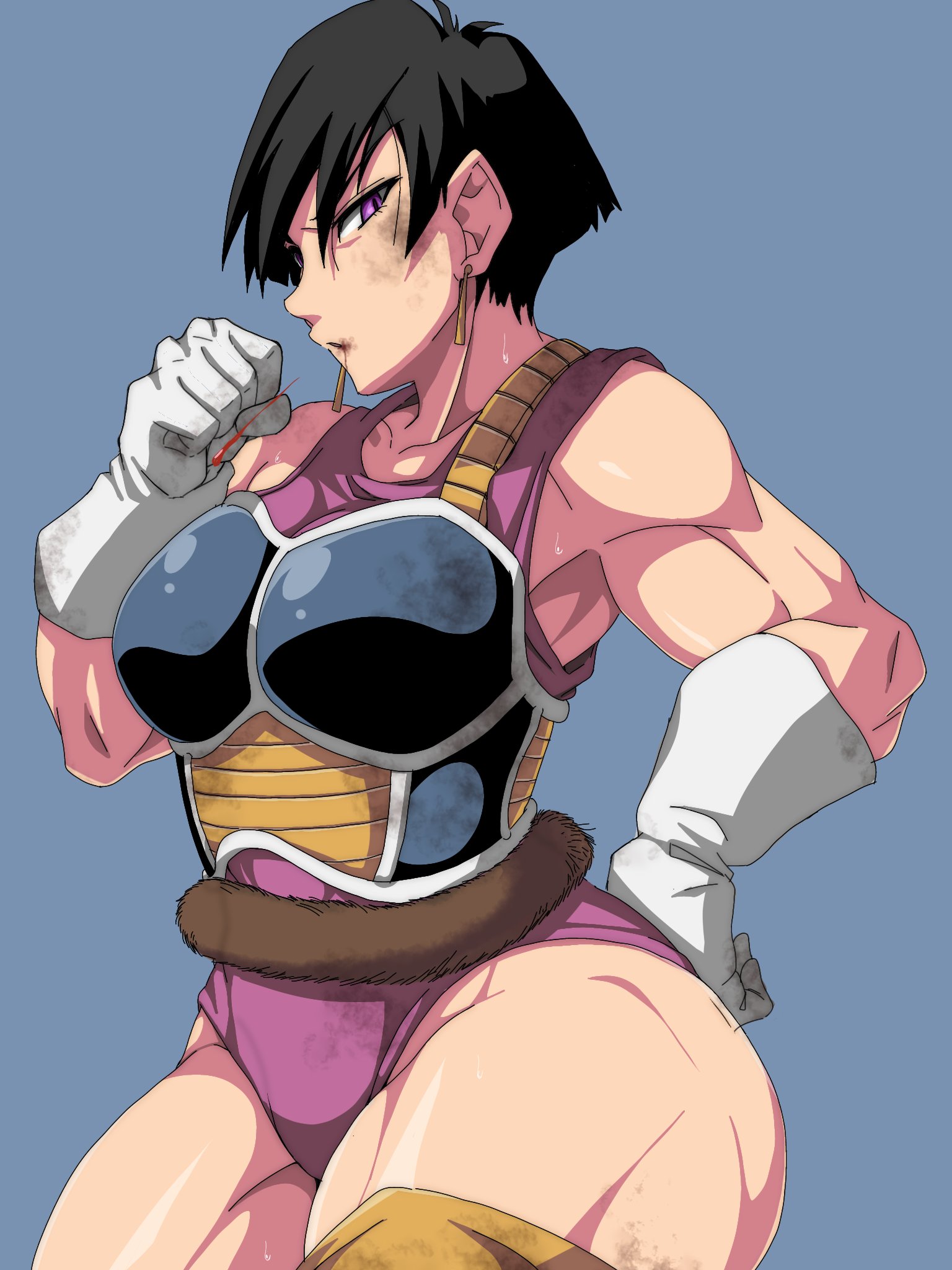 1girls, armor, big breasts, black hair, blood, breasts, coughing, dirty, dragon ball, dragon ball z, earrings, female, female only, gloves, hair between eyes, large breasts, light skin, light-skinned female, looking at viewer, mature, mature female, muscles, muscular, muscular arms, muscular female, muscular thighs, purple eyes, revealing clothes, ryohei 29, saiyan, saiyan armor, saiyan tail, scar, seripa, short hair, simple background, solo, solo female, solo focus, sweat, tail, thick legs, thick thighs, thighs, toned, toned body, toned female, upper body, wounded