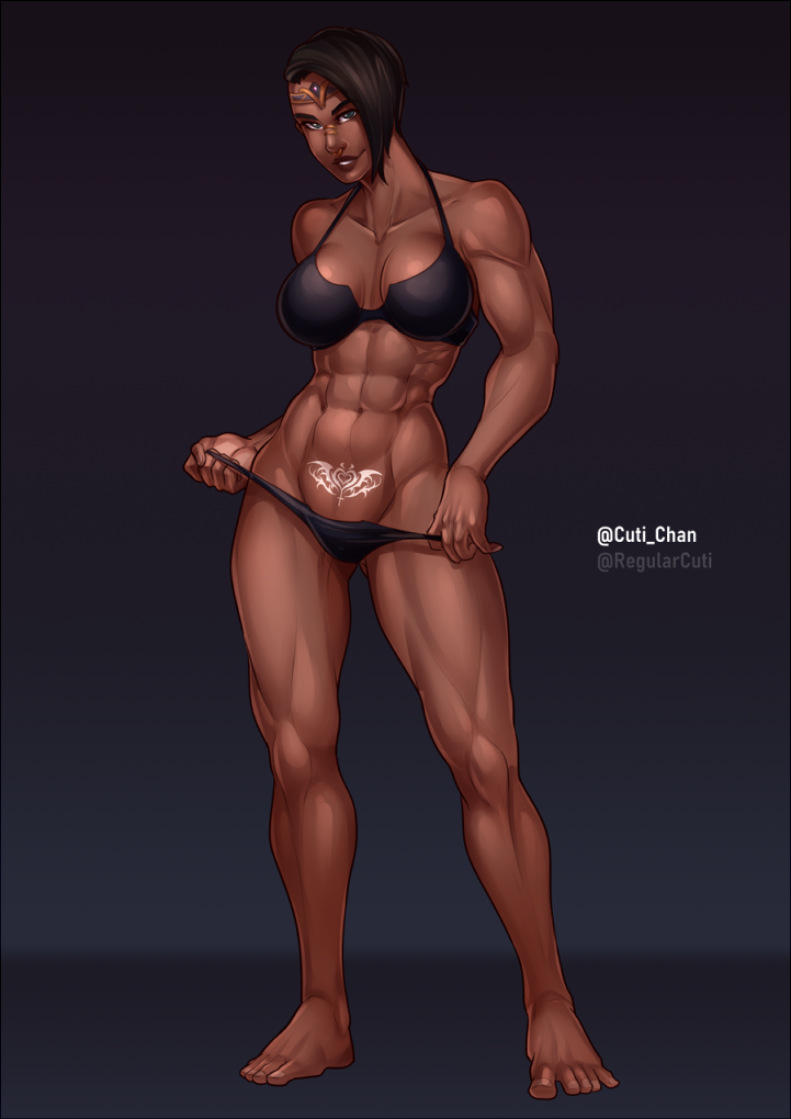 1girls abs athletic_female bikini cleavage dark-skinned_female fit_female green_eyes large_breasts looking_at_viewer notcuti original original_character tattoo