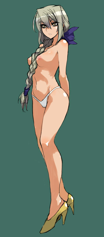 1girls agent_aika arm_behind_back braid breasts delmo female golden_delmo hair_bow high_heels human large_breasts long_hair nipples pale-skinned_female pale_skin panties skj solo standing tonia_(agent_aika) underwear villainess white_hair wide_hips