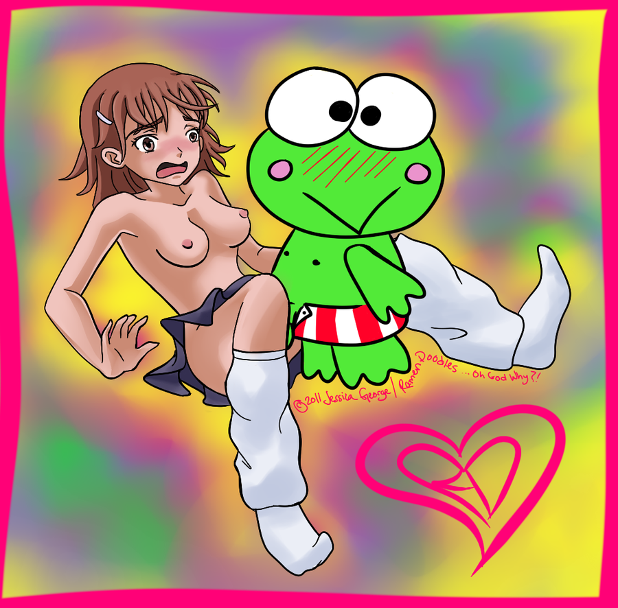 crossover frog keroppi keroppi_and_friends kneehighs loose_socks misaka_mikoto ramendoodles sanrio socks straight_hair to_aru_kagaku_no_railgun white_socks